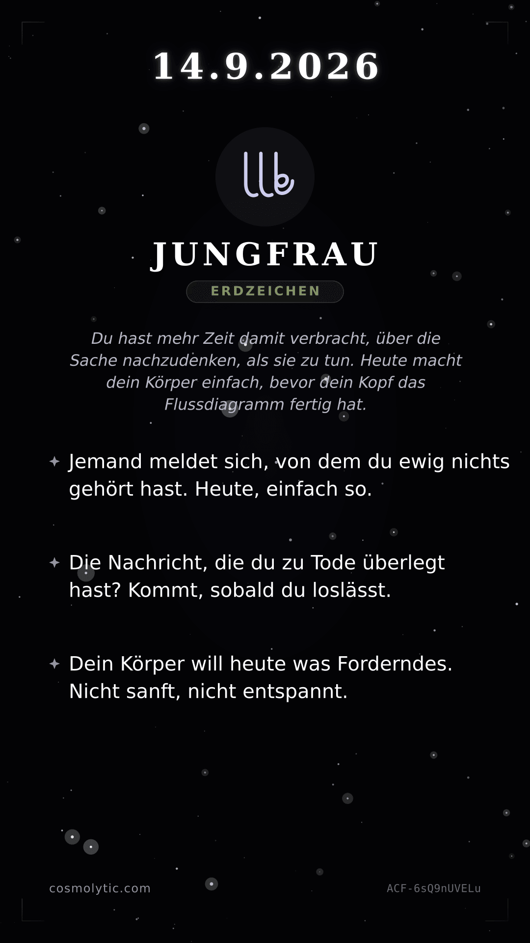 Jungfrau Tageshoroskop-Karte für 14. September 2026