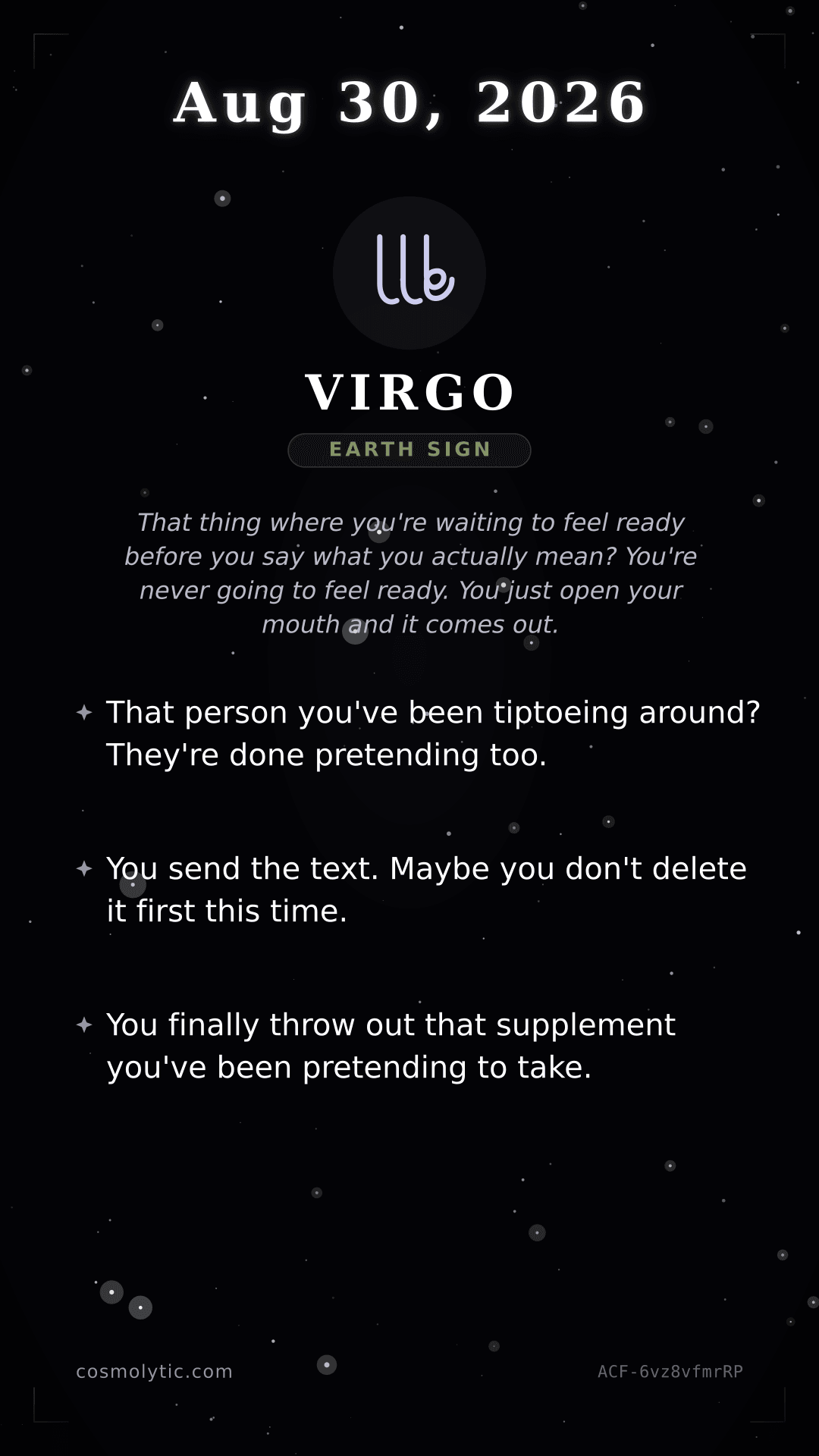 Virgo daily horoscope card for August 30, 2026