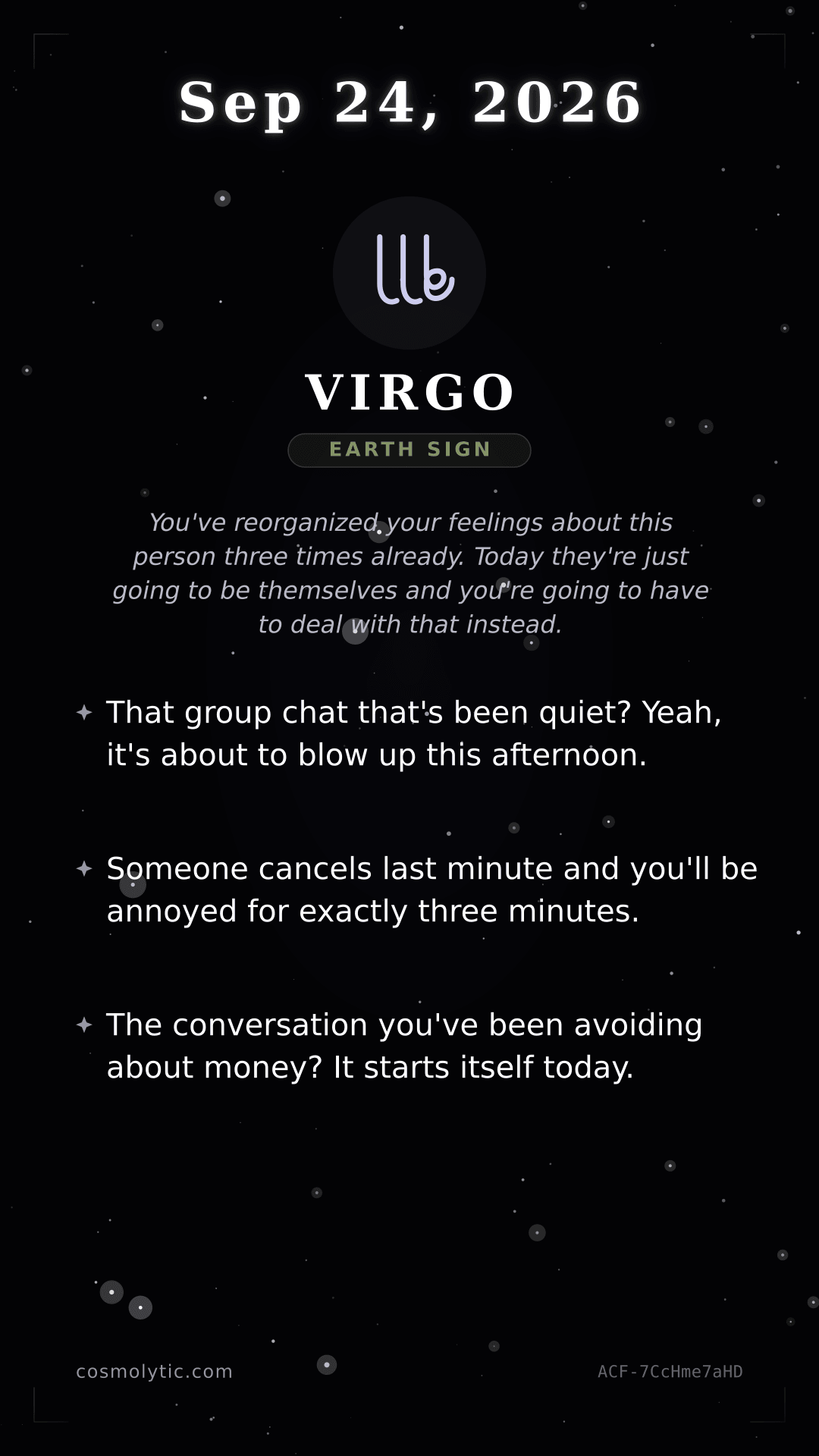 Virgo daily horoscope card for September 24, 2026