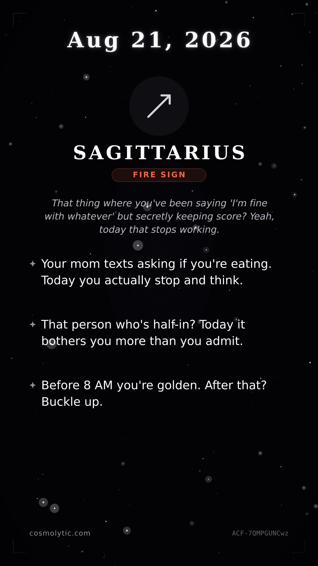 Sagittarius daily horoscope card for August 21, 2026