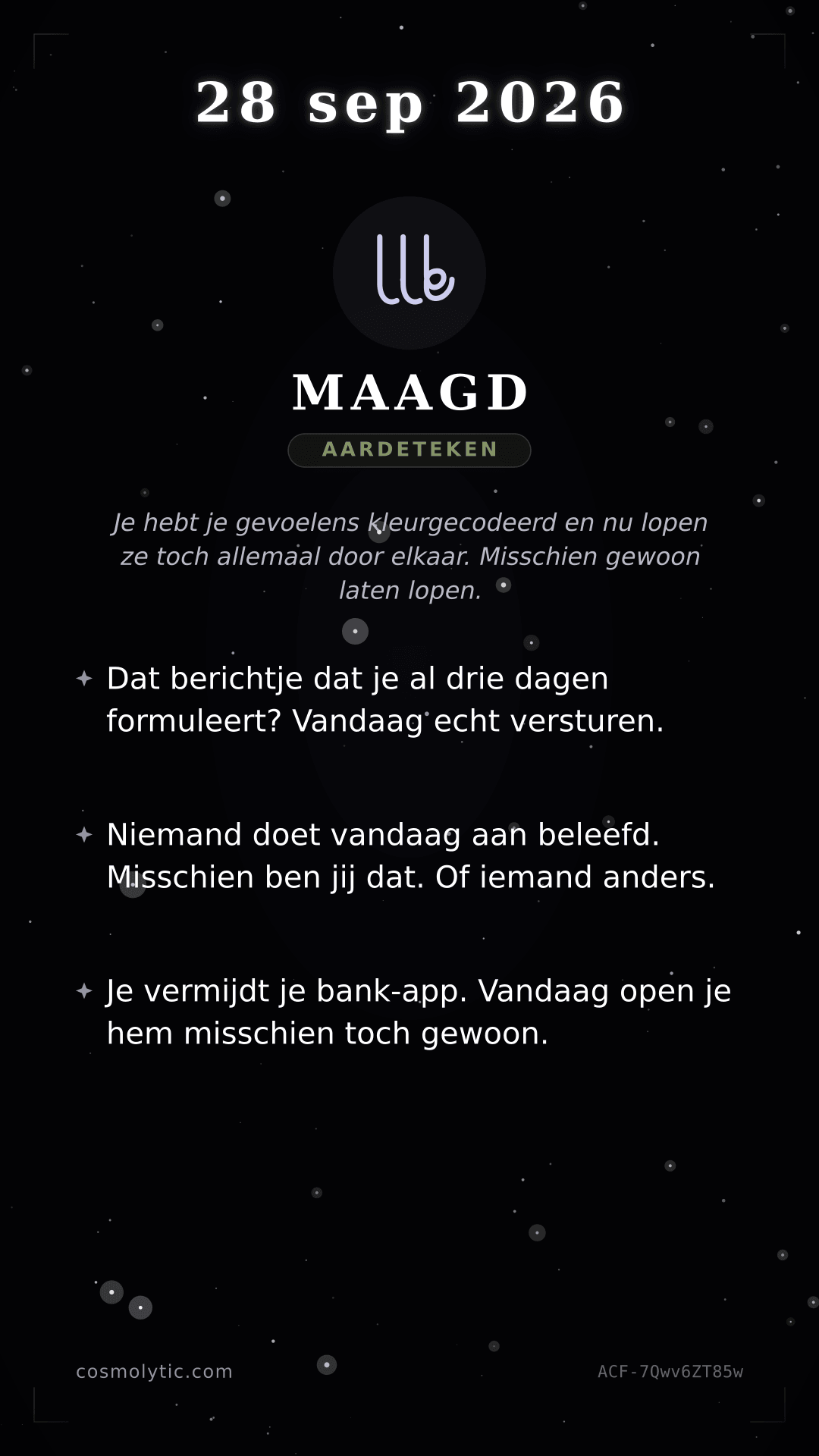 Maagd daghoroscoop kaart voor 28 september 2026