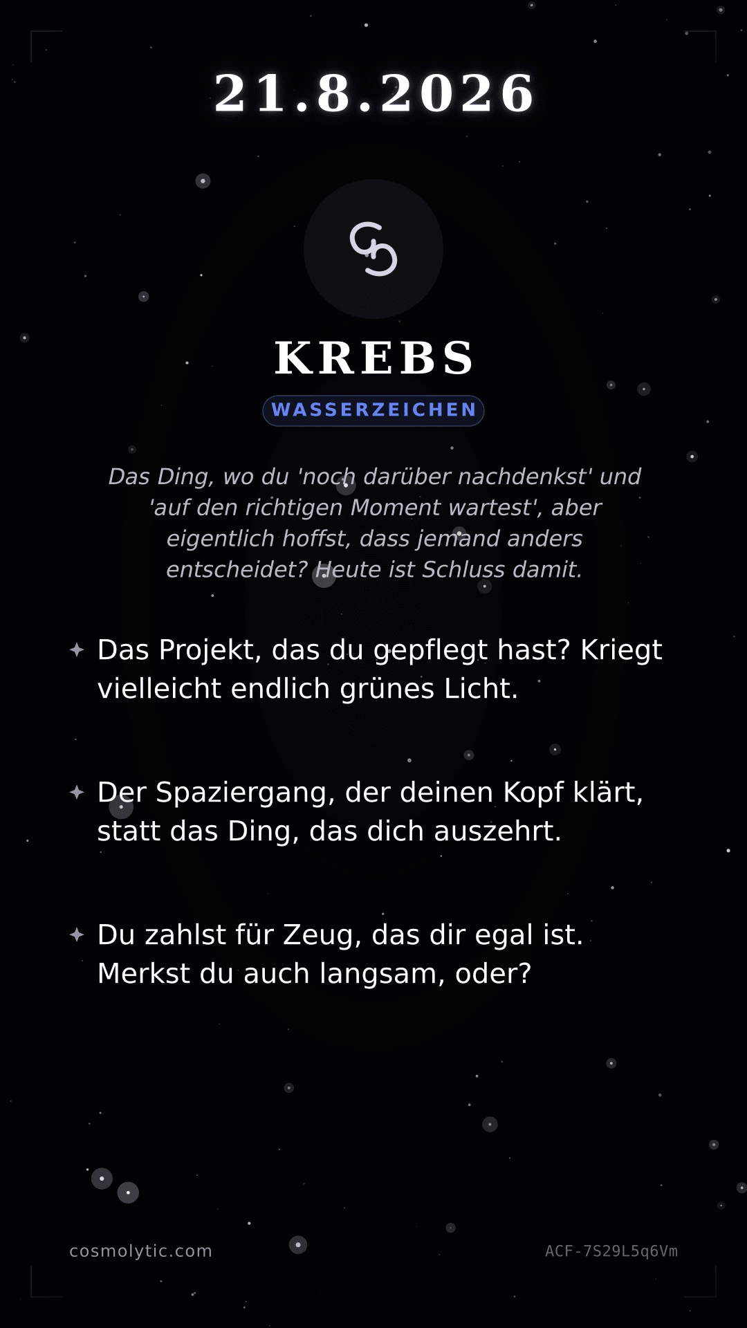 Krebs Tageshoroskop-Karte für 21. August 2026