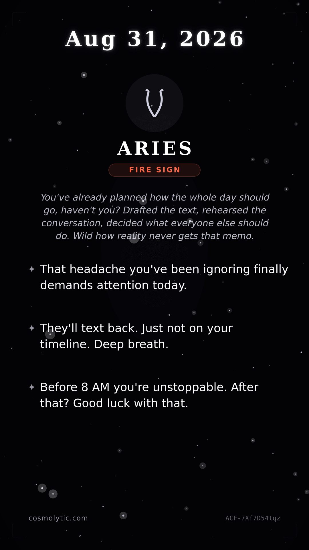 Aries daily horoscope card for August 31, 2026