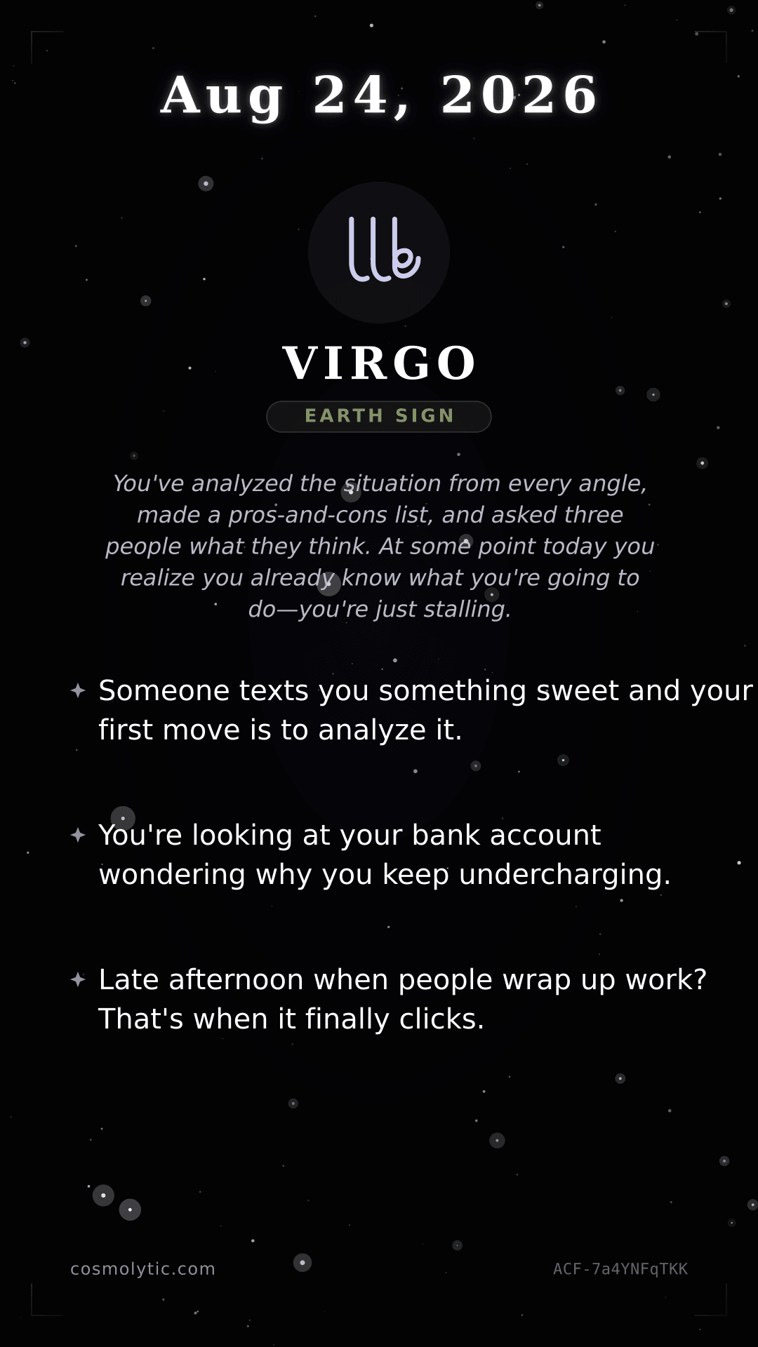 Virgo daily horoscope card for August 24, 2026