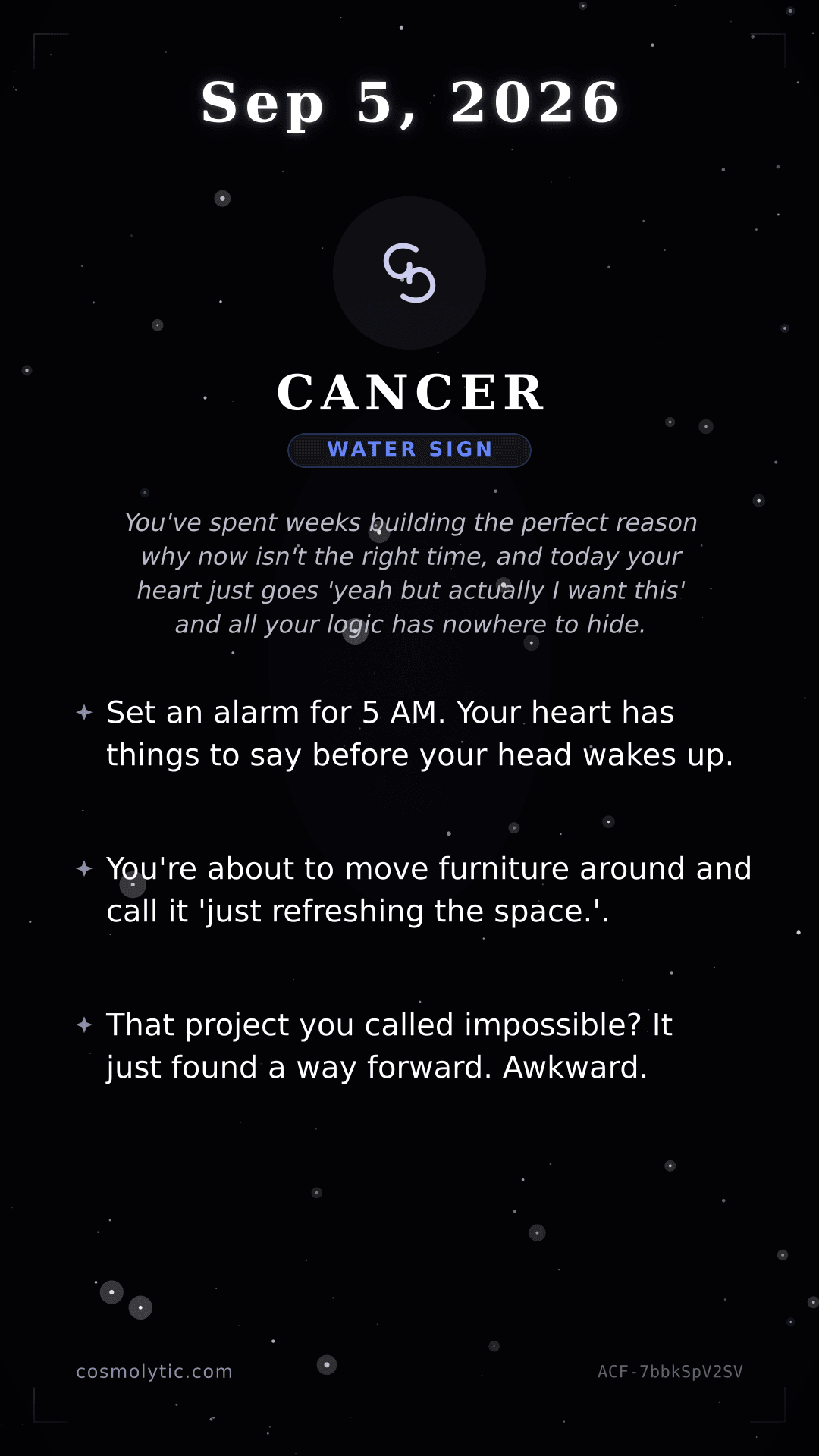 Cancer daily horoscope card for September 5, 2026