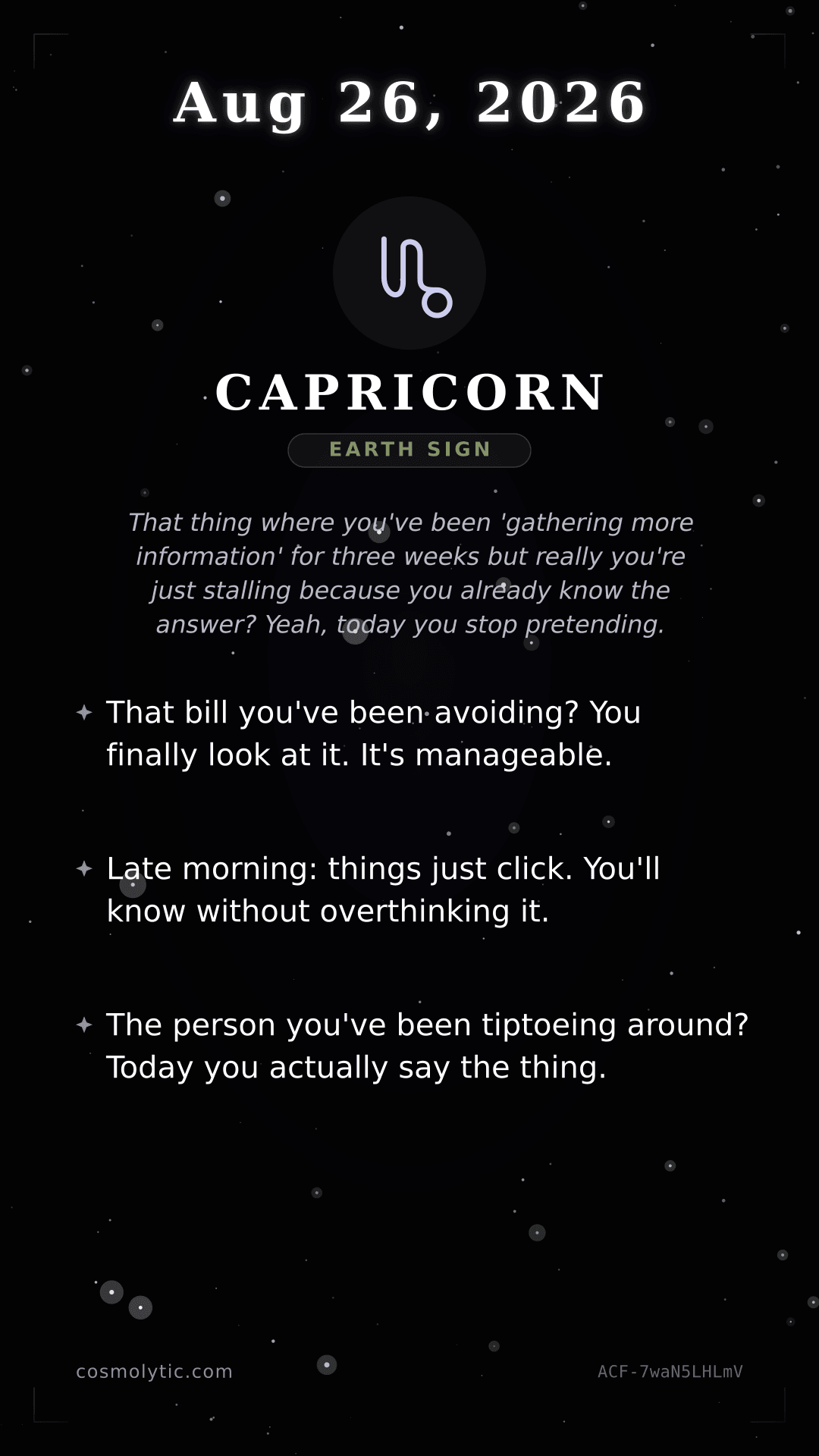 Capricorn daily horoscope card for August 26, 2026