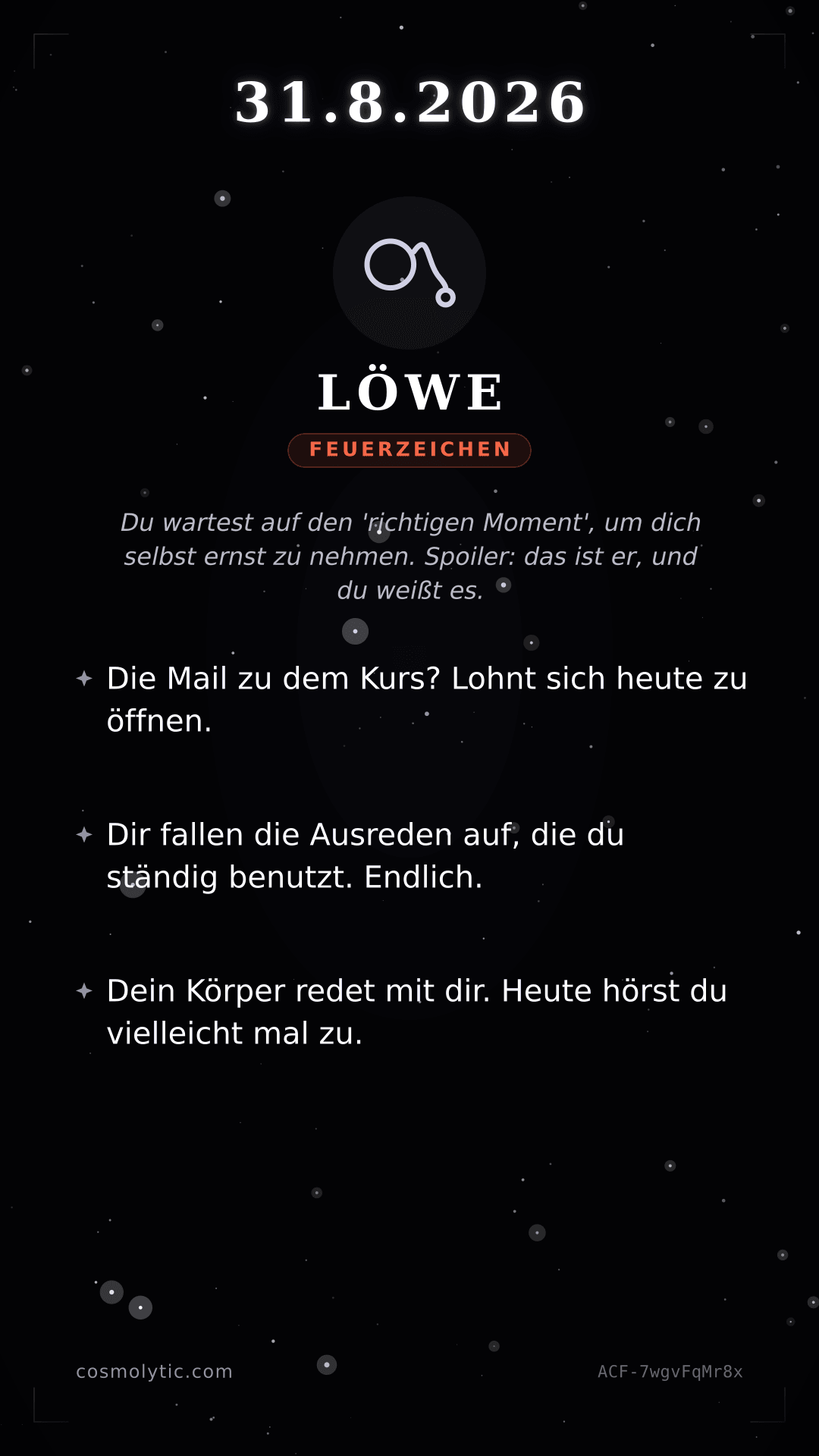 Löwe Tageshoroskop-Karte für 31. August 2026