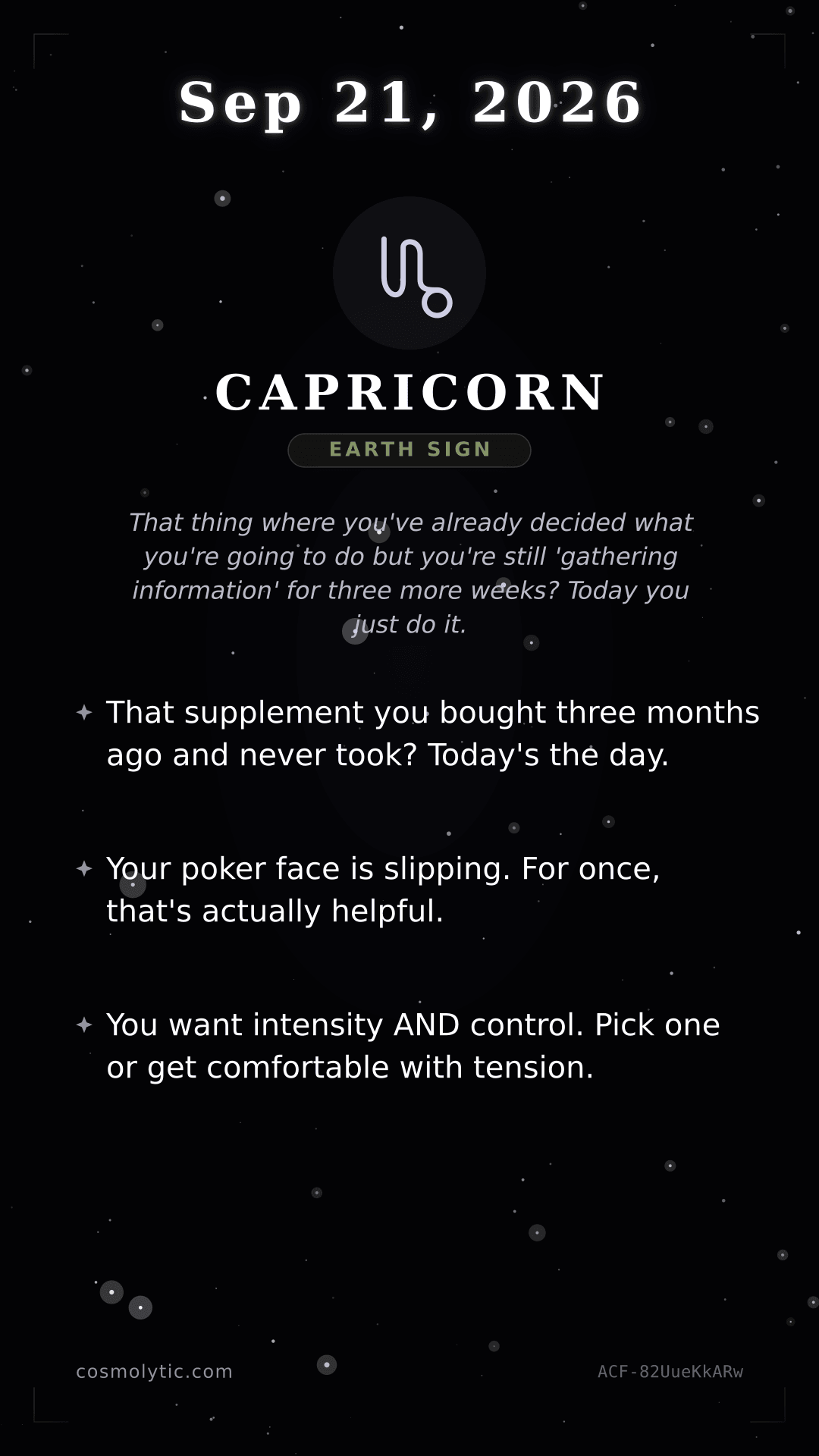 Capricorn daily horoscope card for September 21, 2026