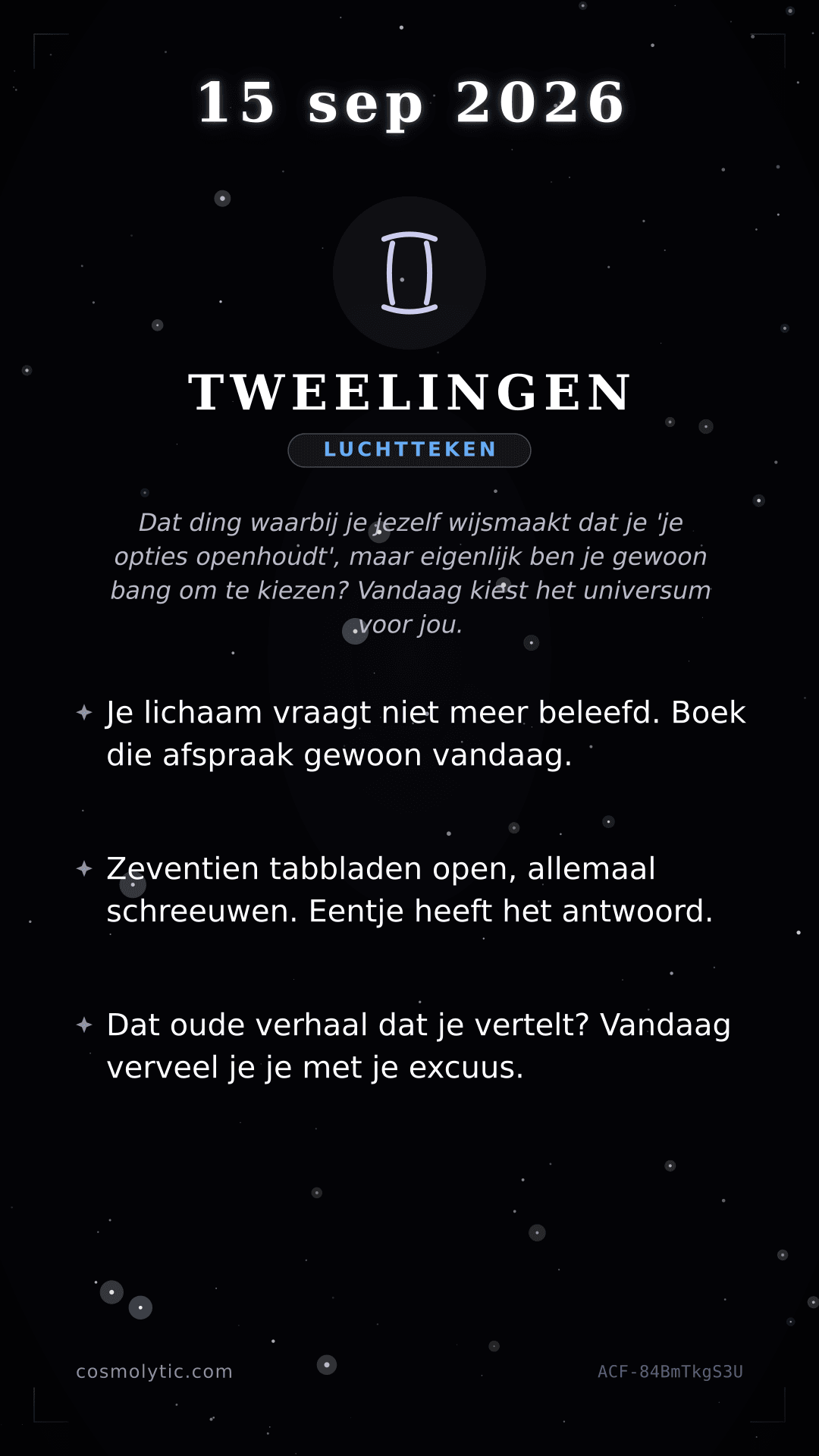Tweelingen daghoroscoop kaart voor 15 september 2026