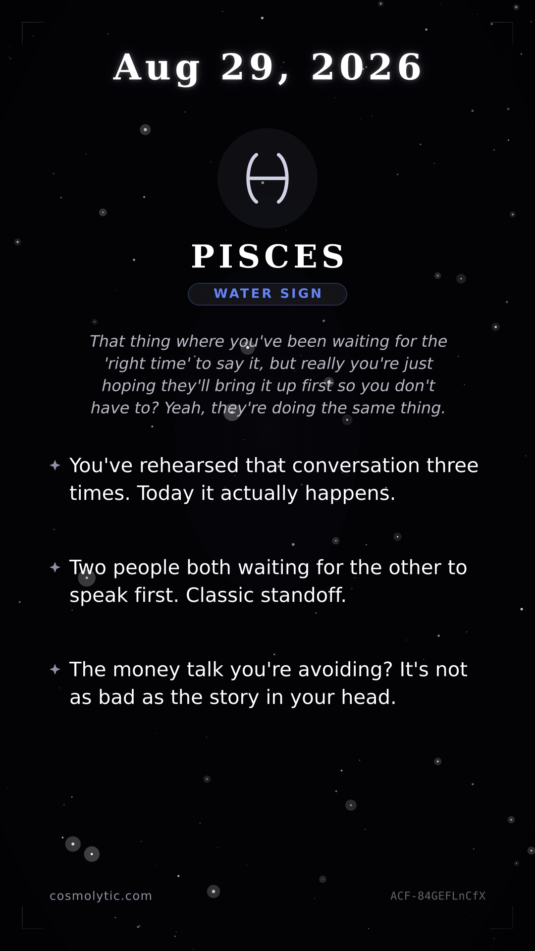Pisces daily horoscope card for August 29, 2026