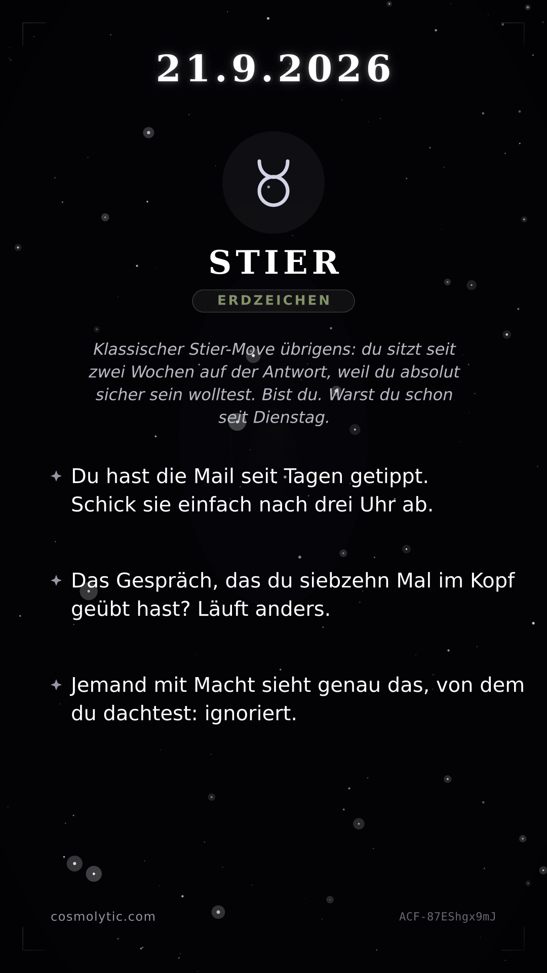 Stier Tageshoroskop-Karte für 21. September 2026
