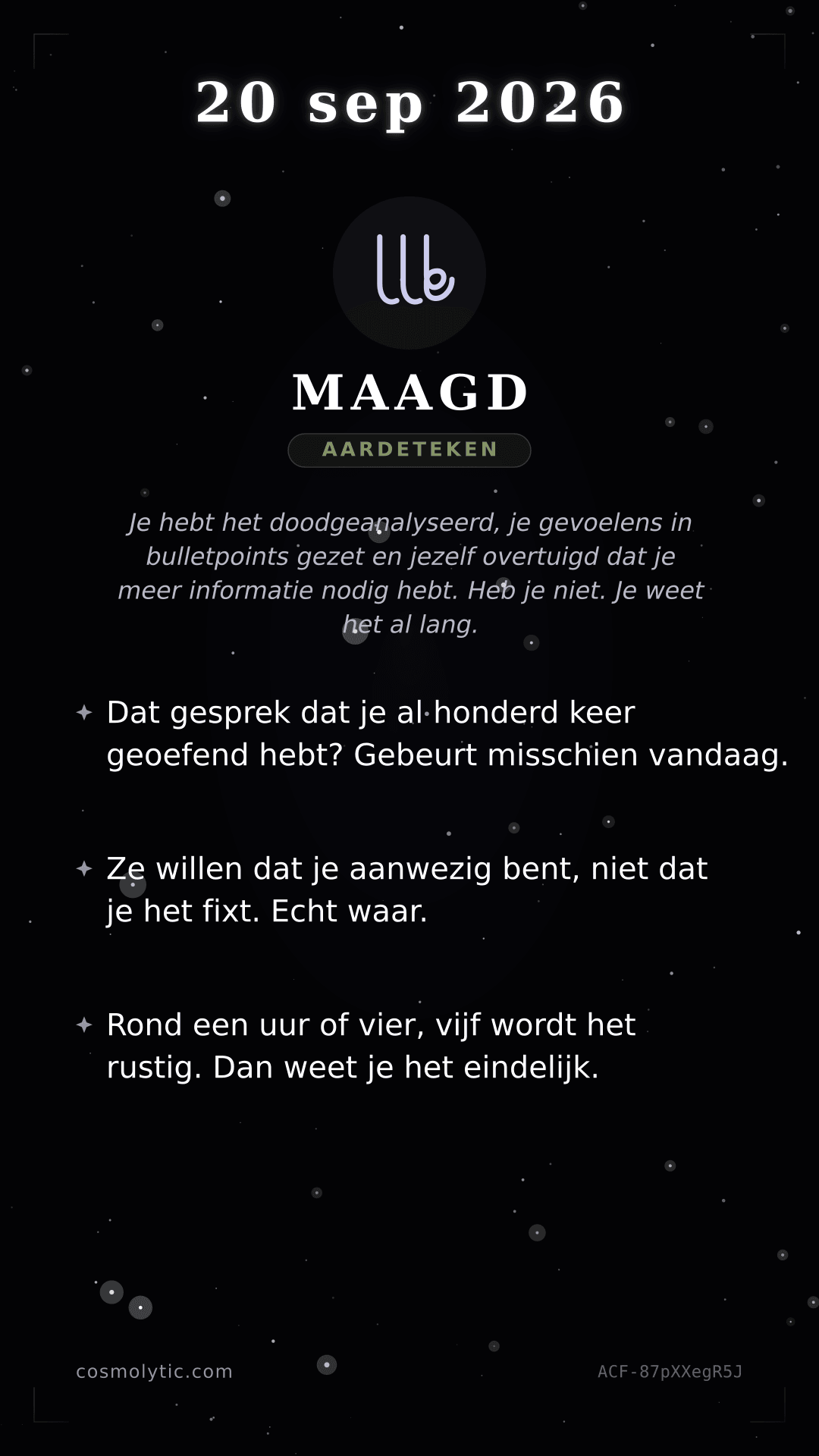 Maagd daghoroscoop kaart voor 20 september 2026