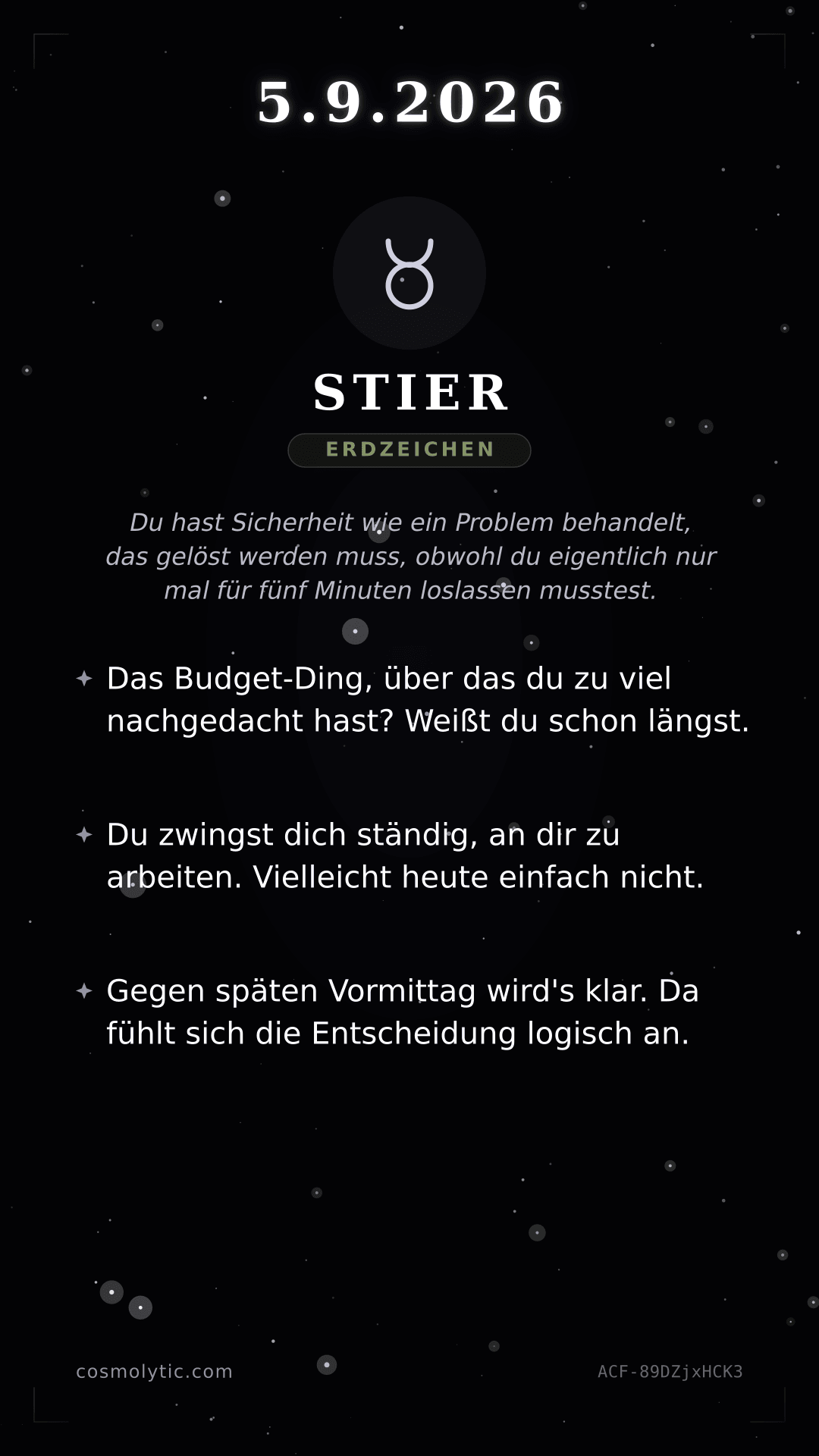 Stier Tageshoroskop-Karte für 5. September 2026