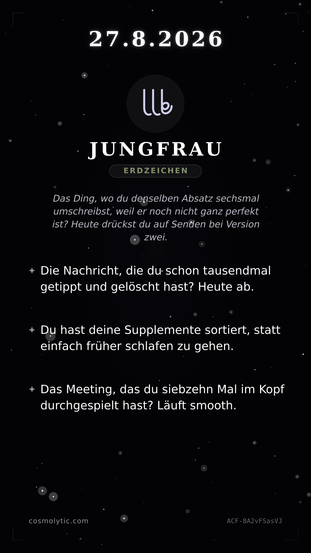 Jungfrau Tageshoroskop-Karte für 27. August 2026