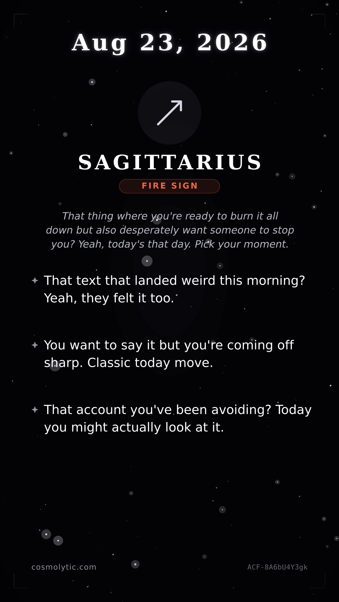 Sagittarius daily horoscope card for August 23, 2026