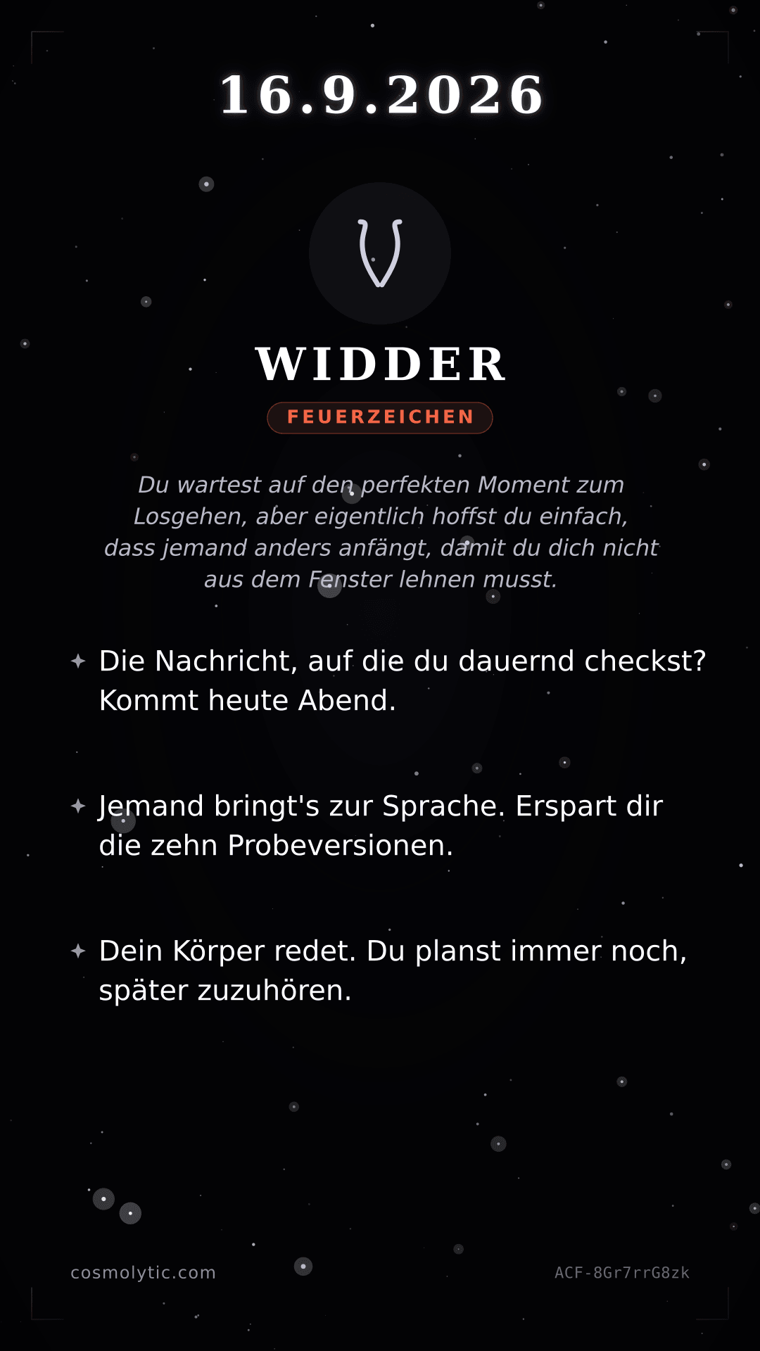 Widder Tageshoroskop-Karte für 16. September 2026