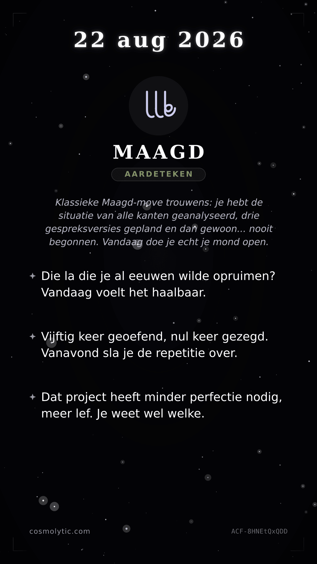 Maagd daghoroscoop kaart voor 22 augustus 2026