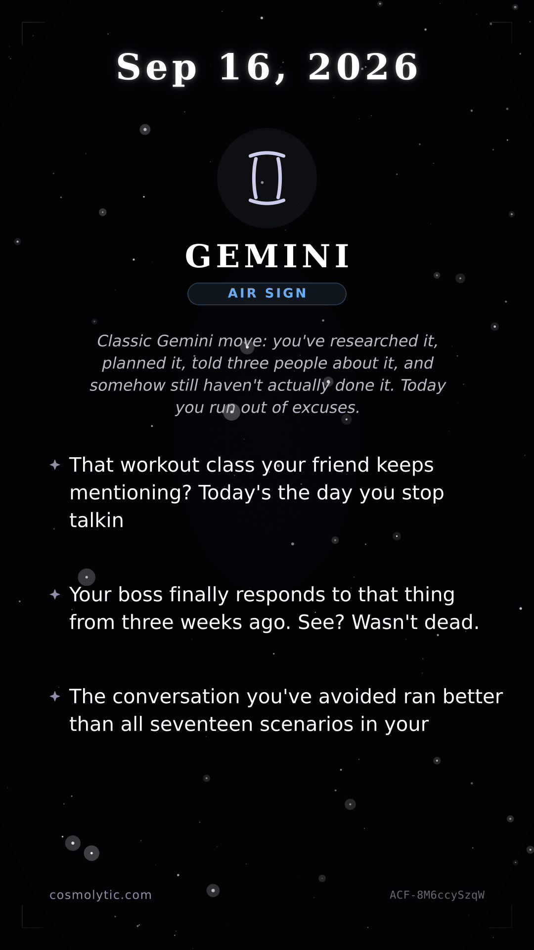 Gemini daily horoscope card for September 16, 2026