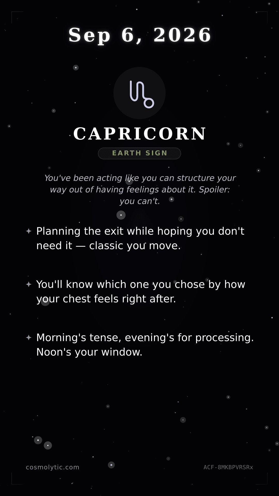 Capricorn daily horoscope card for September 6, 2026