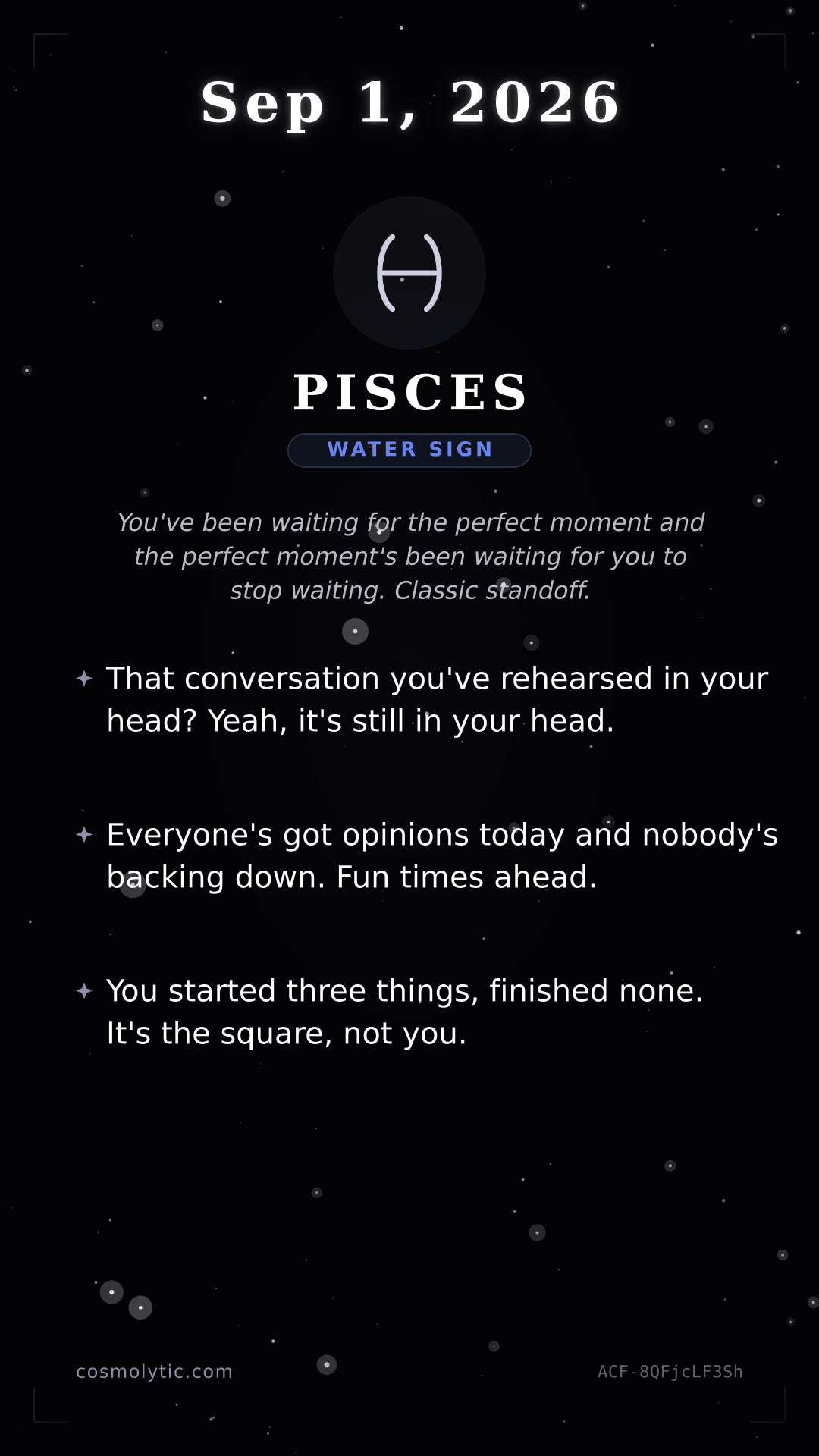 Pisces daily horoscope card for September 1, 2026