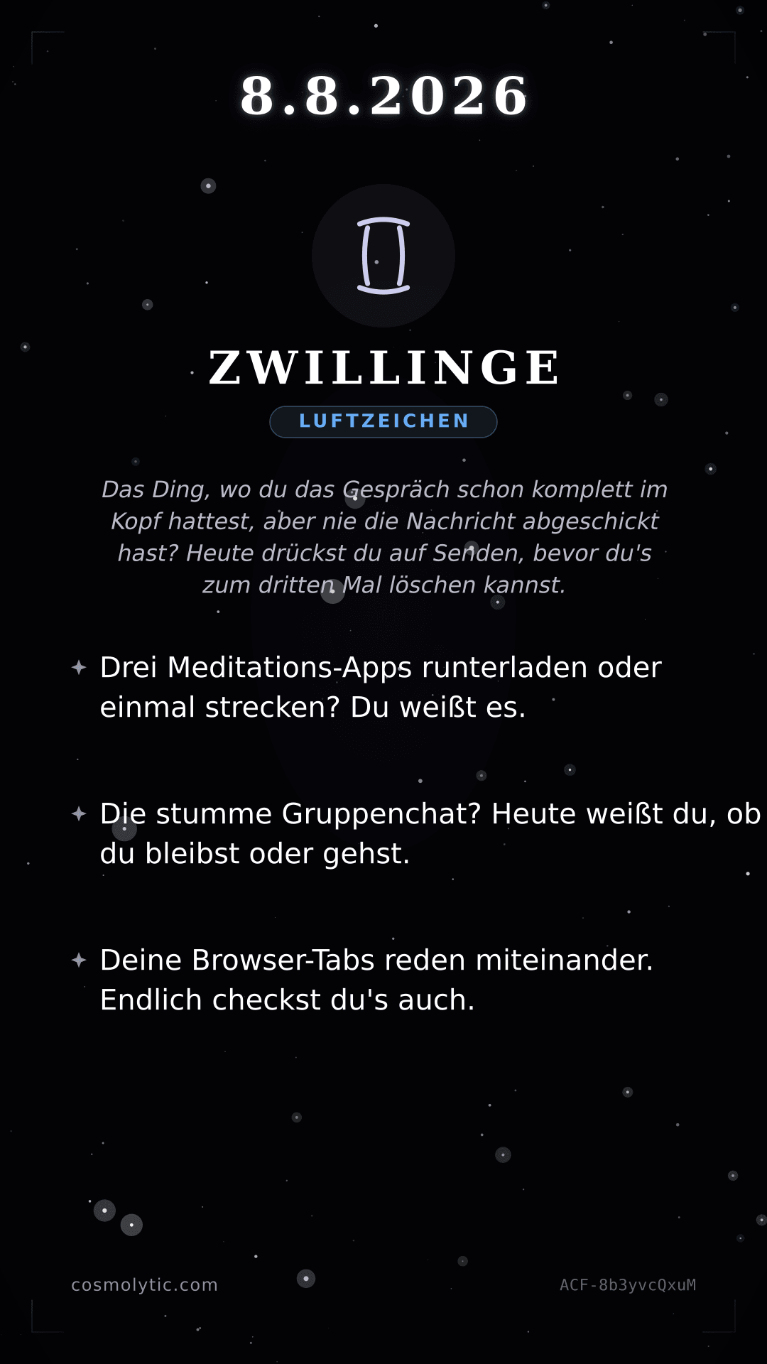 Zwillinge Tageshoroskop-Karte für 8. August 2026