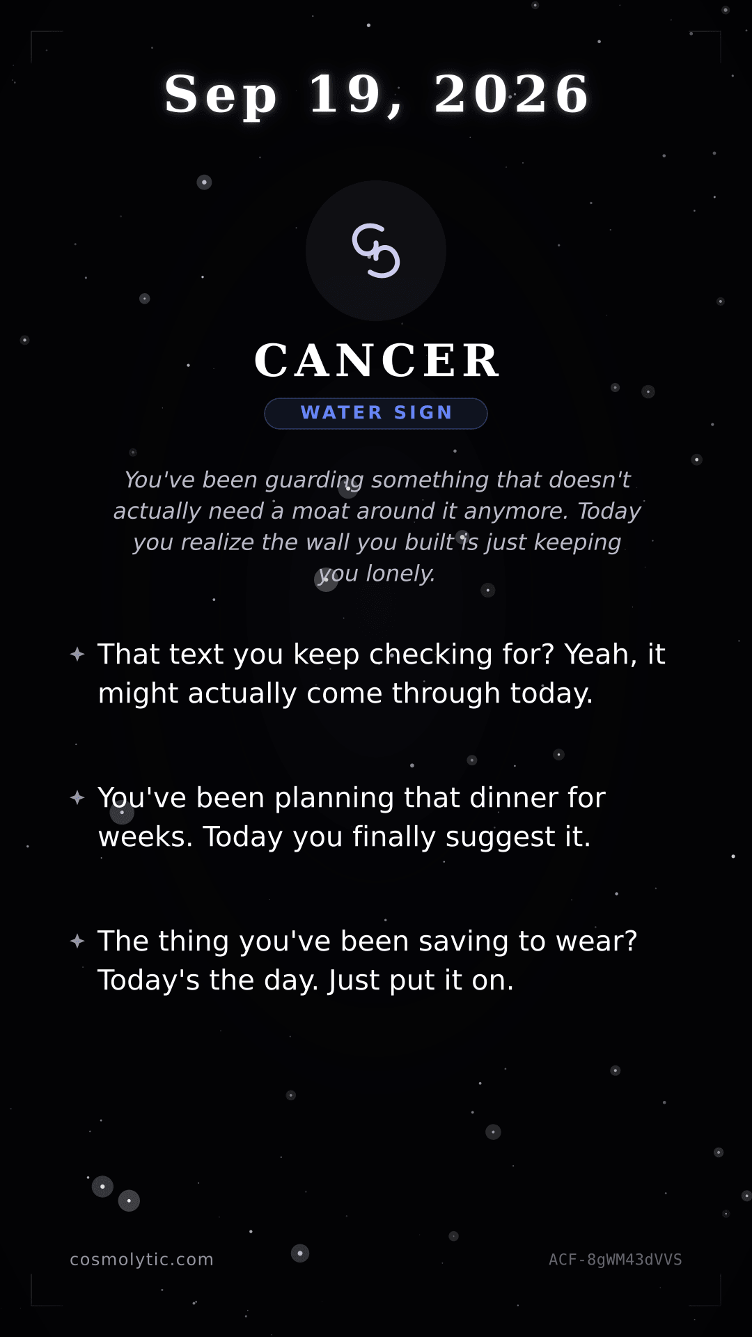 Cancer daily horoscope card for September 19, 2026