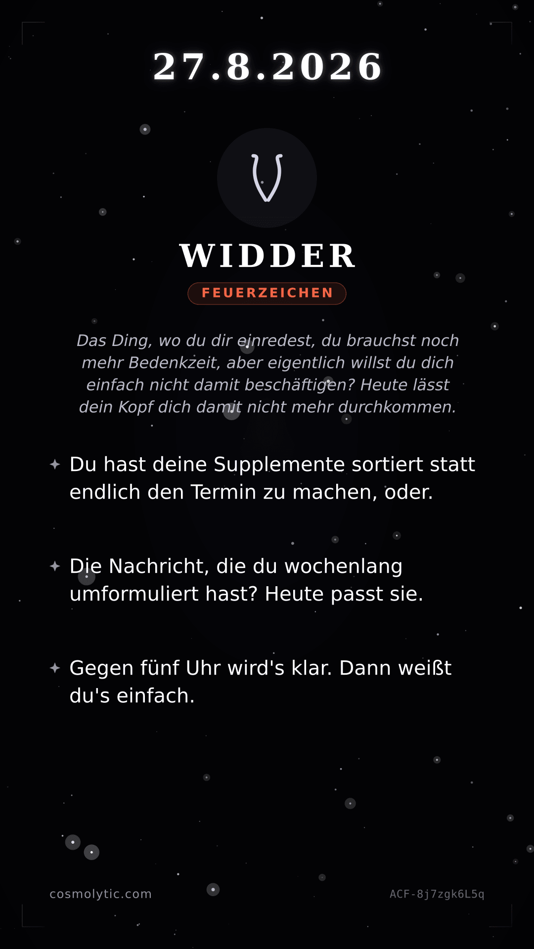 Widder Tageshoroskop-Karte für 27. August 2026
