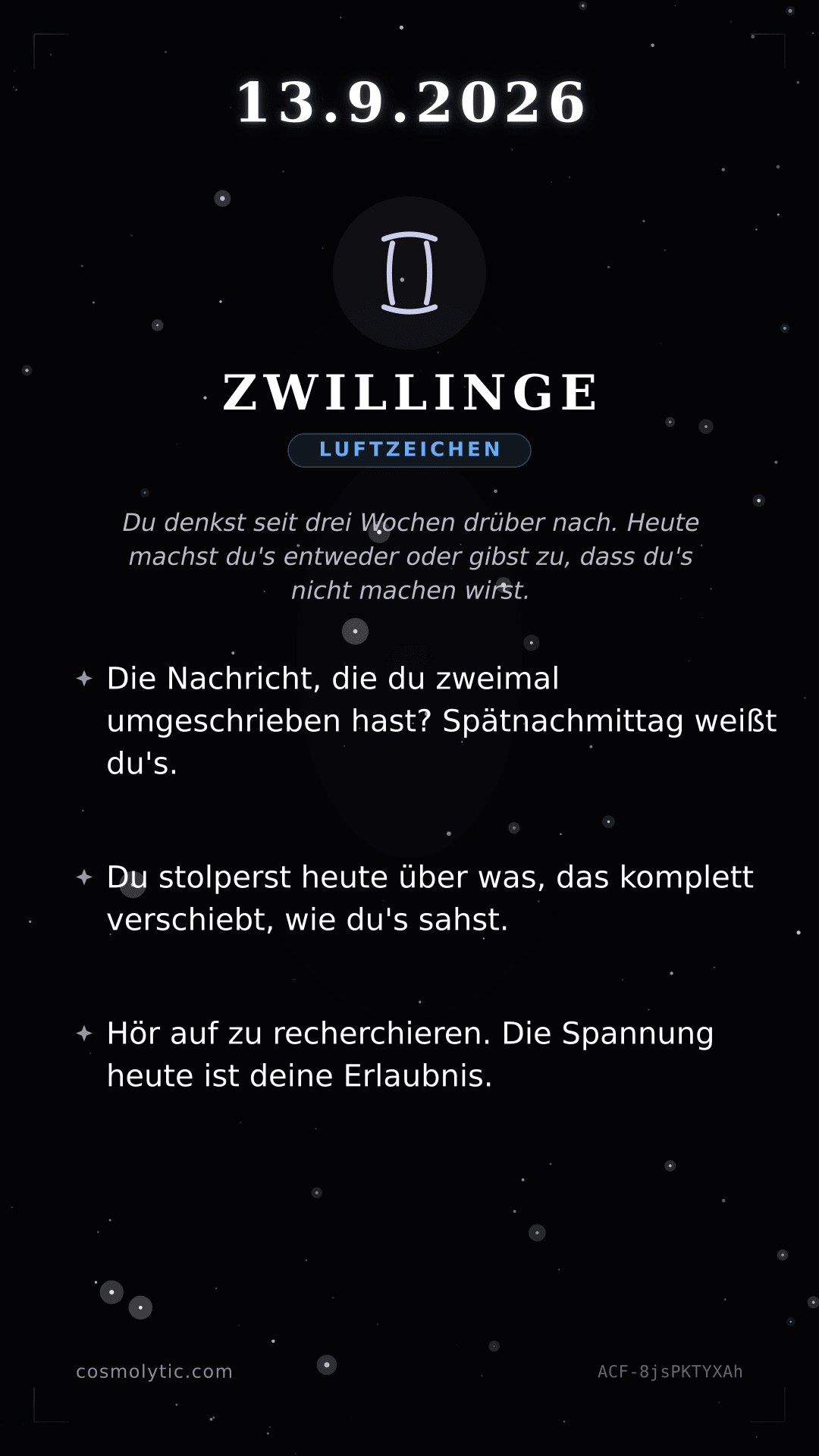 Zwillinge Tageshoroskop-Karte für 13. September 2026