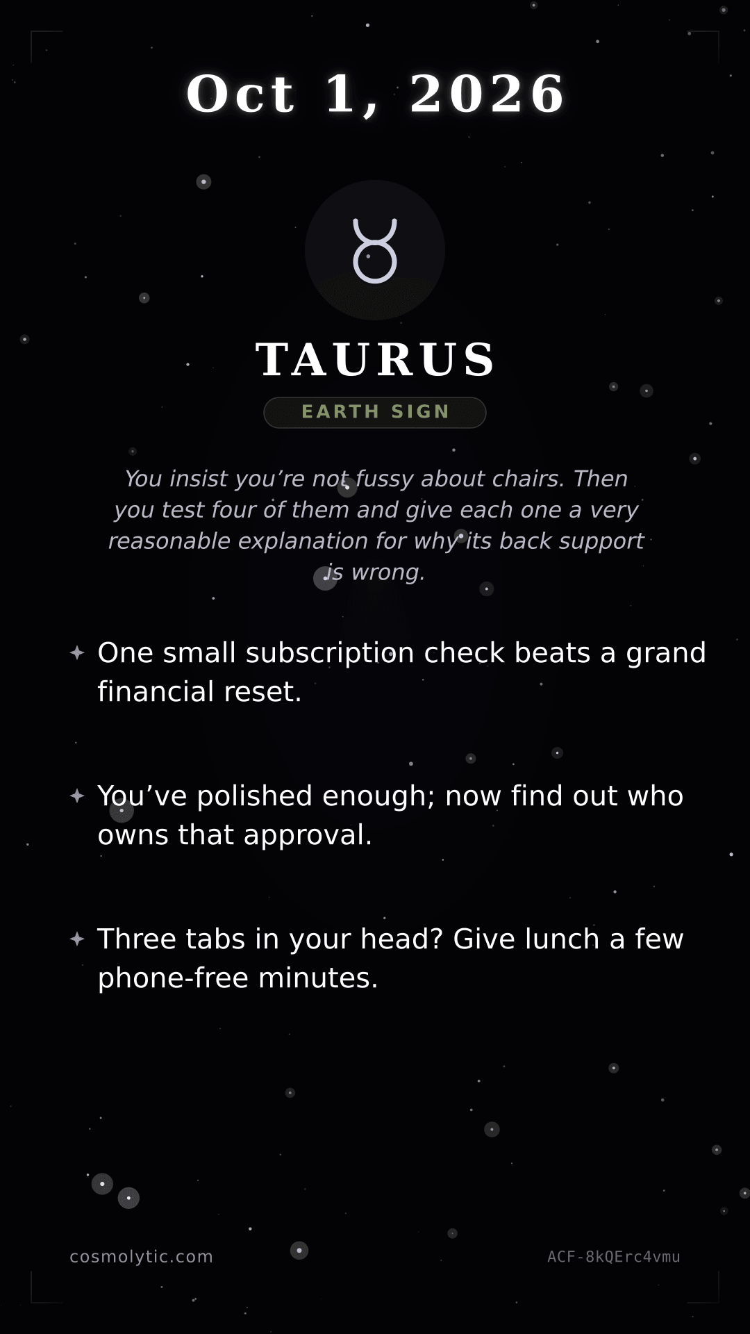 Taurus daily horoscope card for October 1, 2026