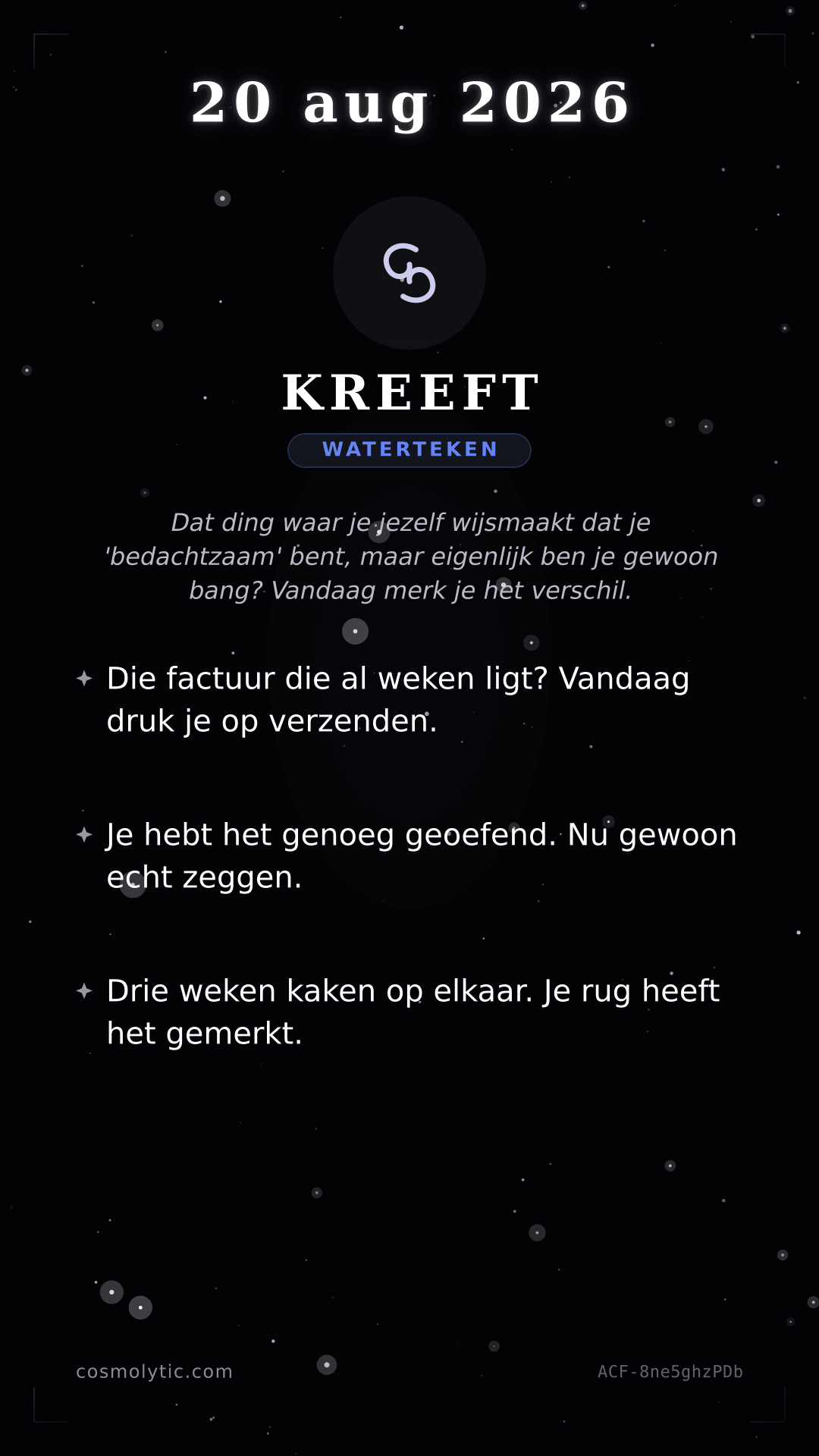 Kreeft daghoroscoop kaart voor 20 augustus 2026