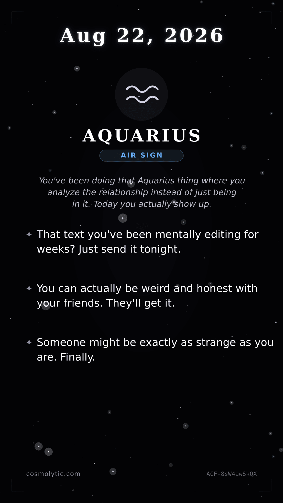 Aquarius daily horoscope card for August 22, 2026
