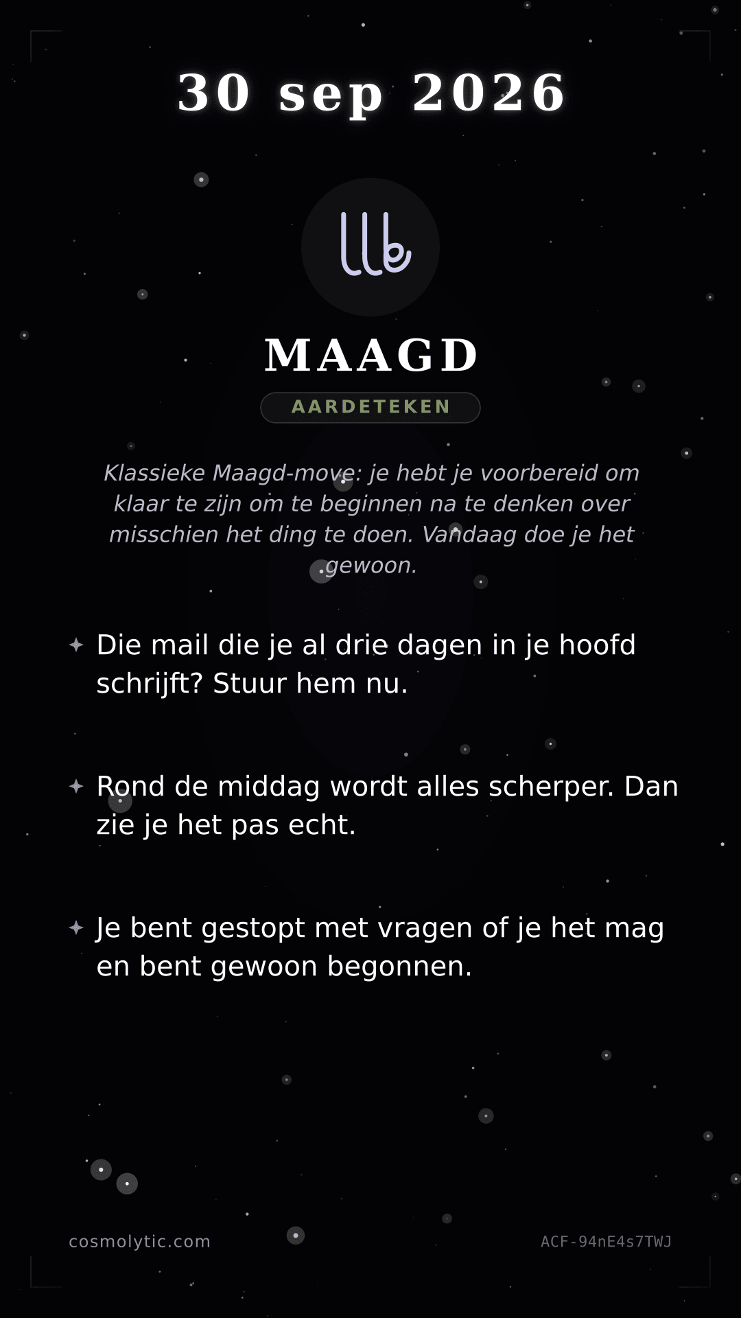 Maagd daghoroscoop kaart voor 30 september 2026