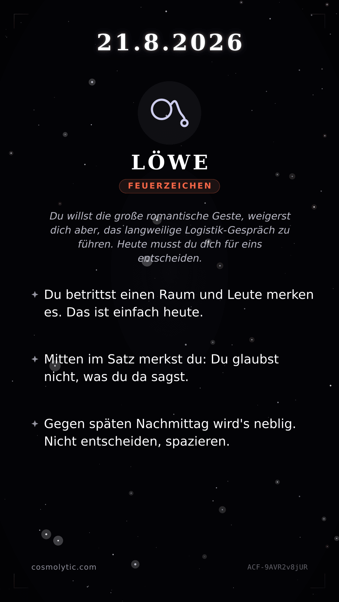 Löwe Tageshoroskop-Karte für 21. August 2026