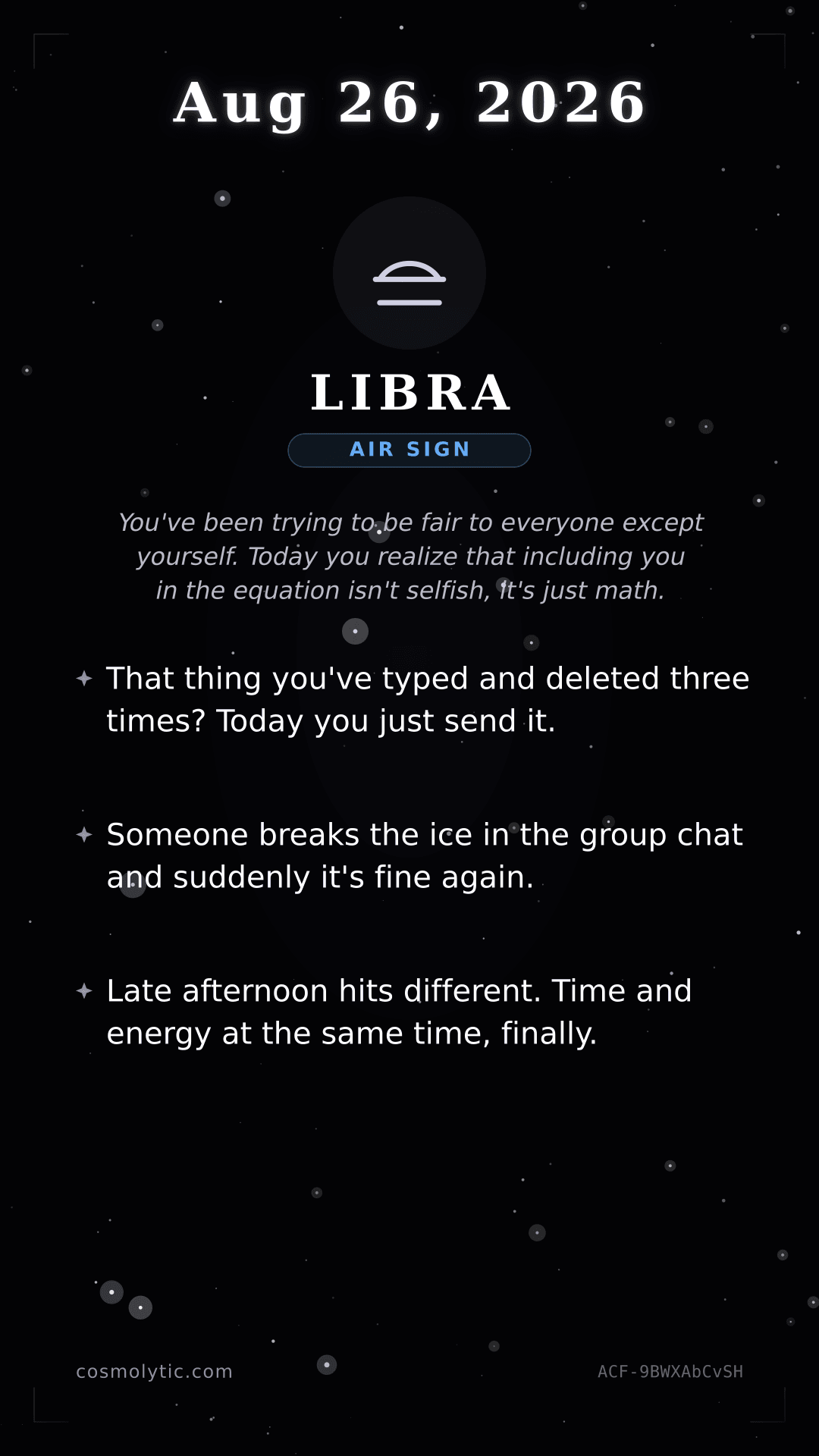 Libra daily horoscope card for August 26, 2026