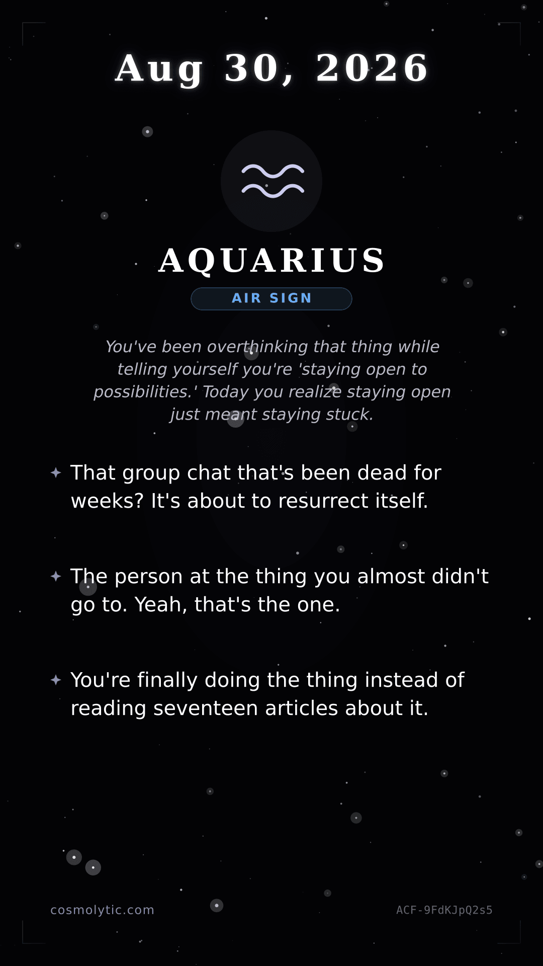 Aquarius daily horoscope card for August 30, 2026