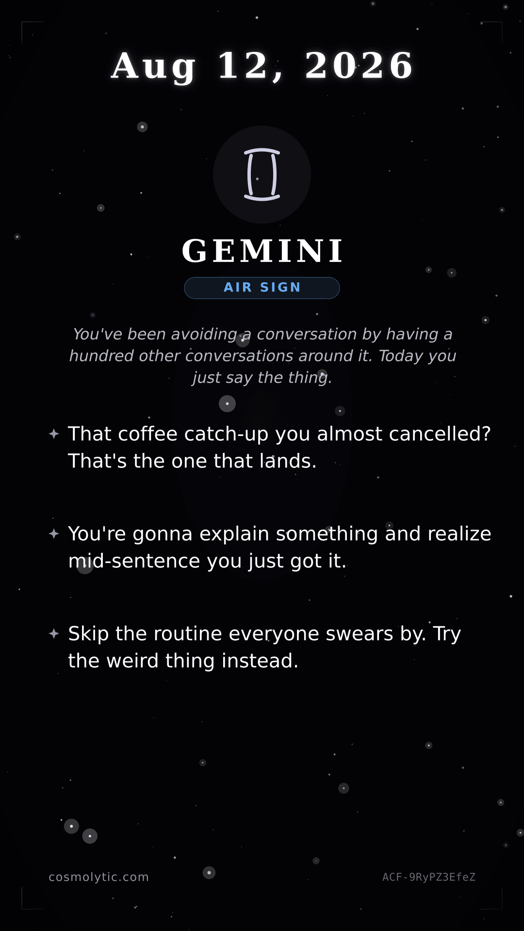 Gemini daily horoscope card for August 12, 2026