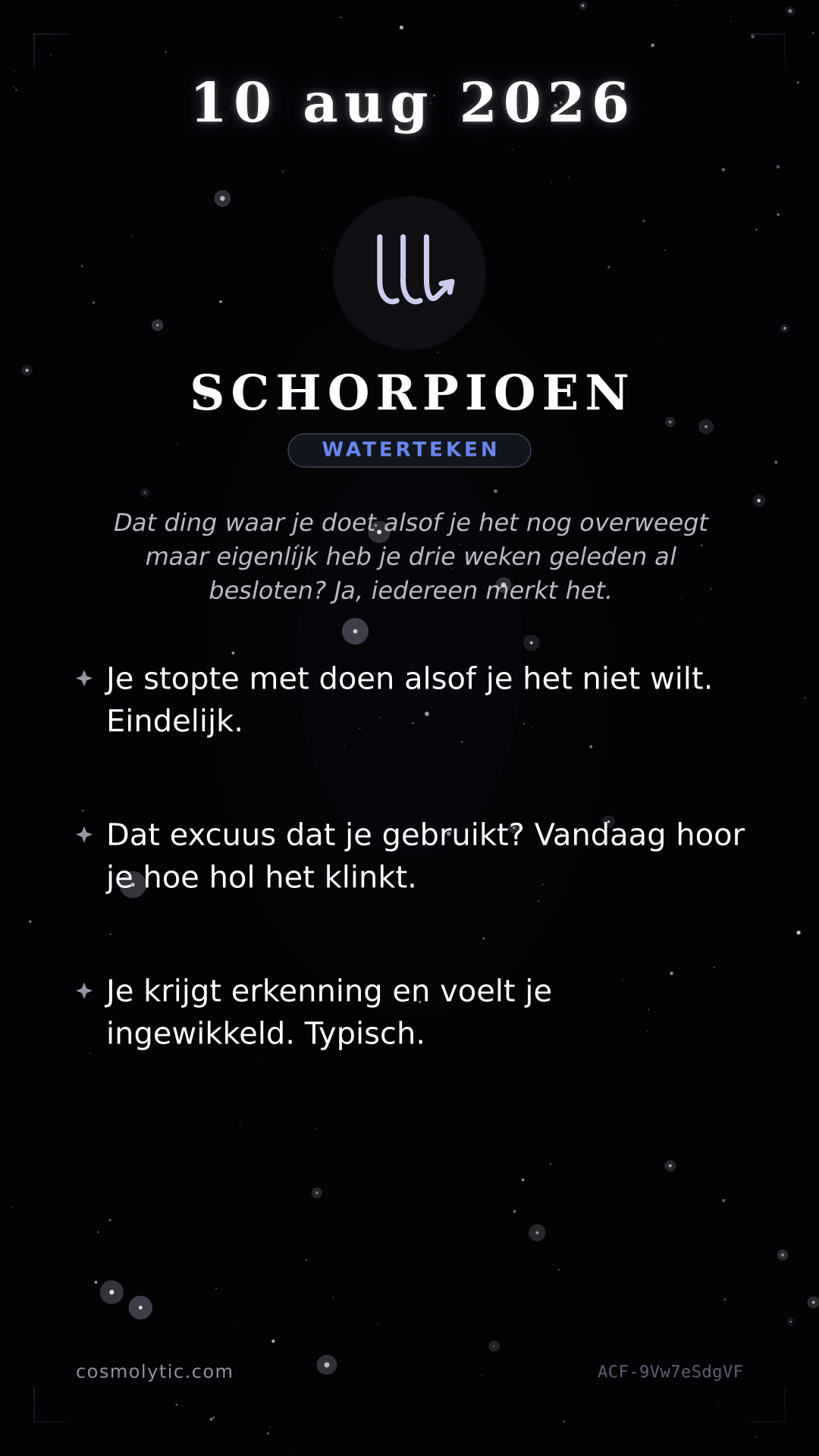 Schorpioen daghoroscoop kaart voor 10 augustus 2026