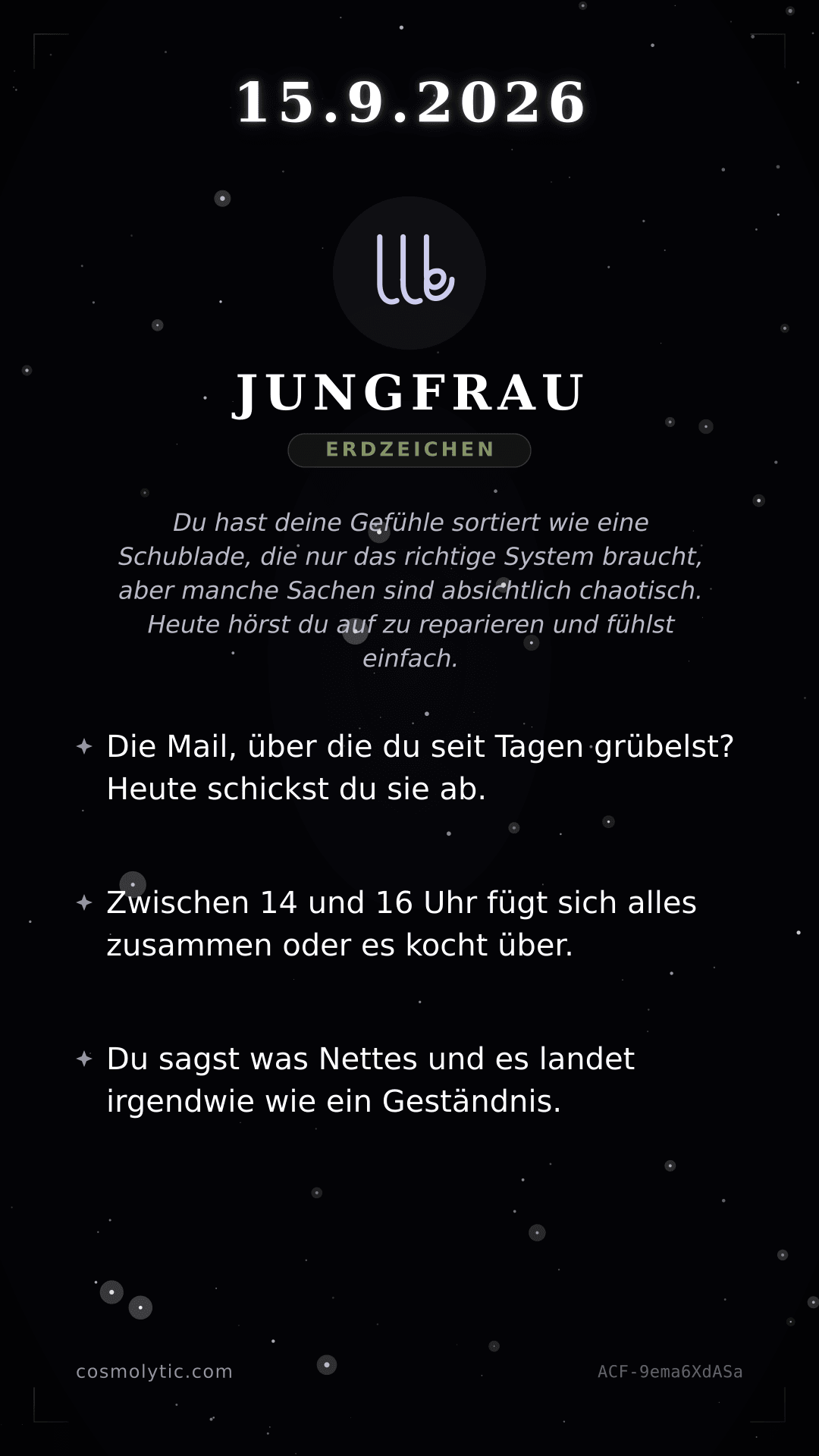 Jungfrau Tageshoroskop-Karte für 15. September 2026