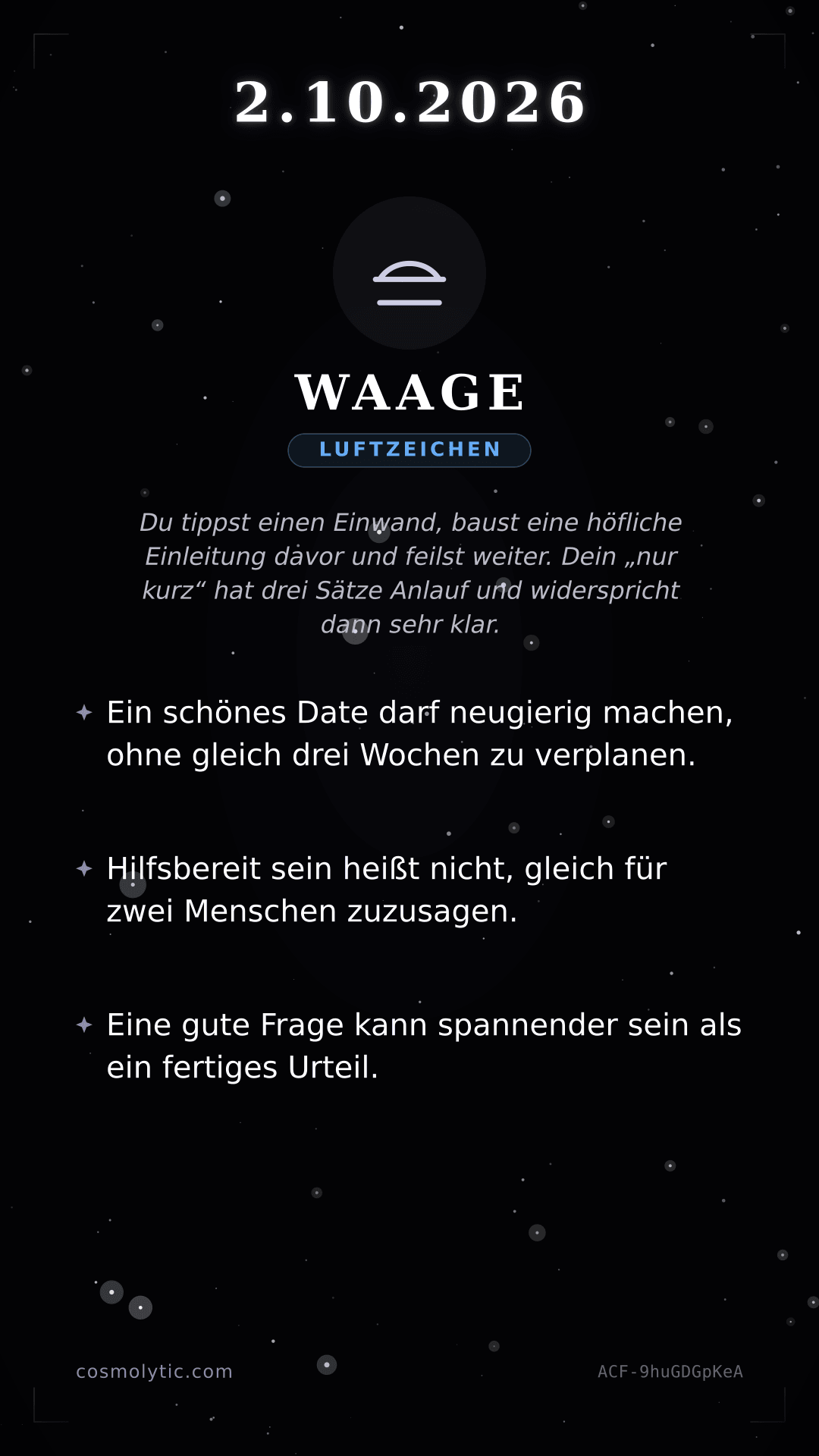 Waage Tageshoroskop-Karte für 2. Oktober 2026
