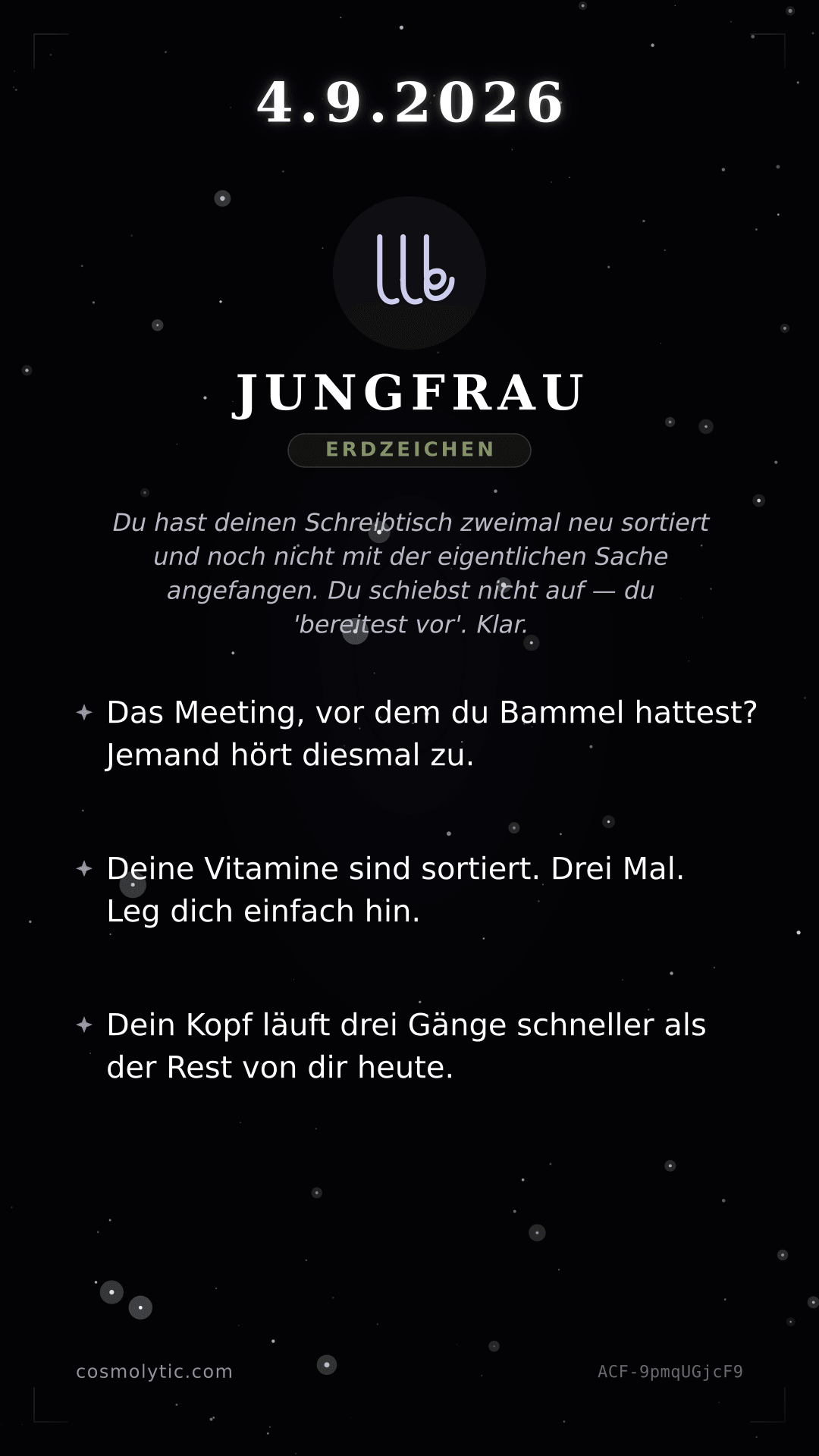 Jungfrau Tageshoroskop-Karte für 4. September 2026