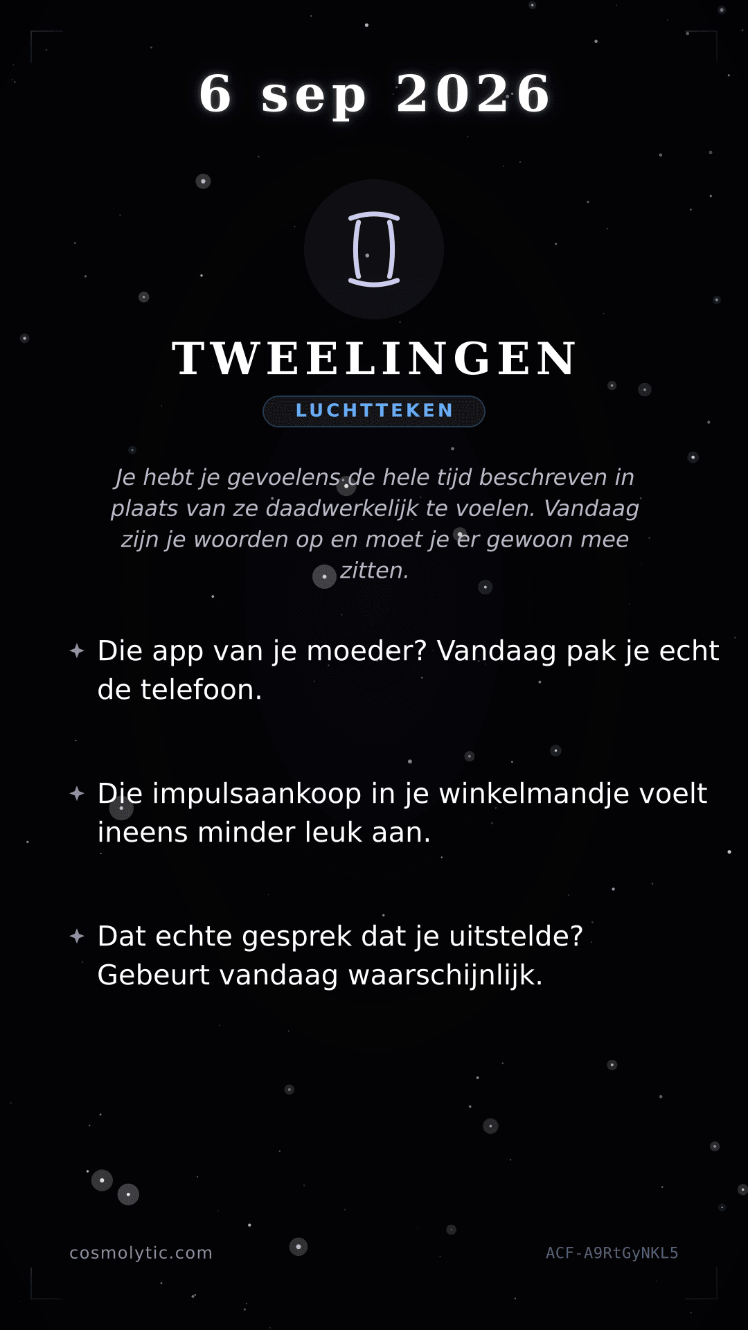 Tweelingen daghoroscoop kaart voor 6 september 2026