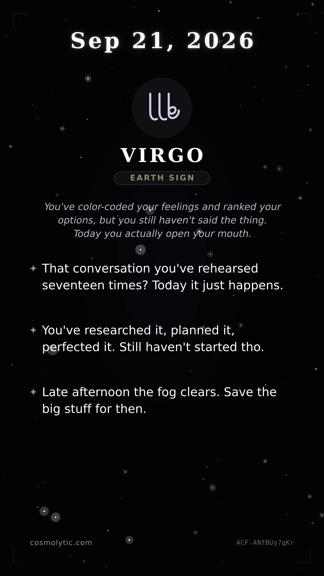 Virgo daily horoscope card for September 21, 2026