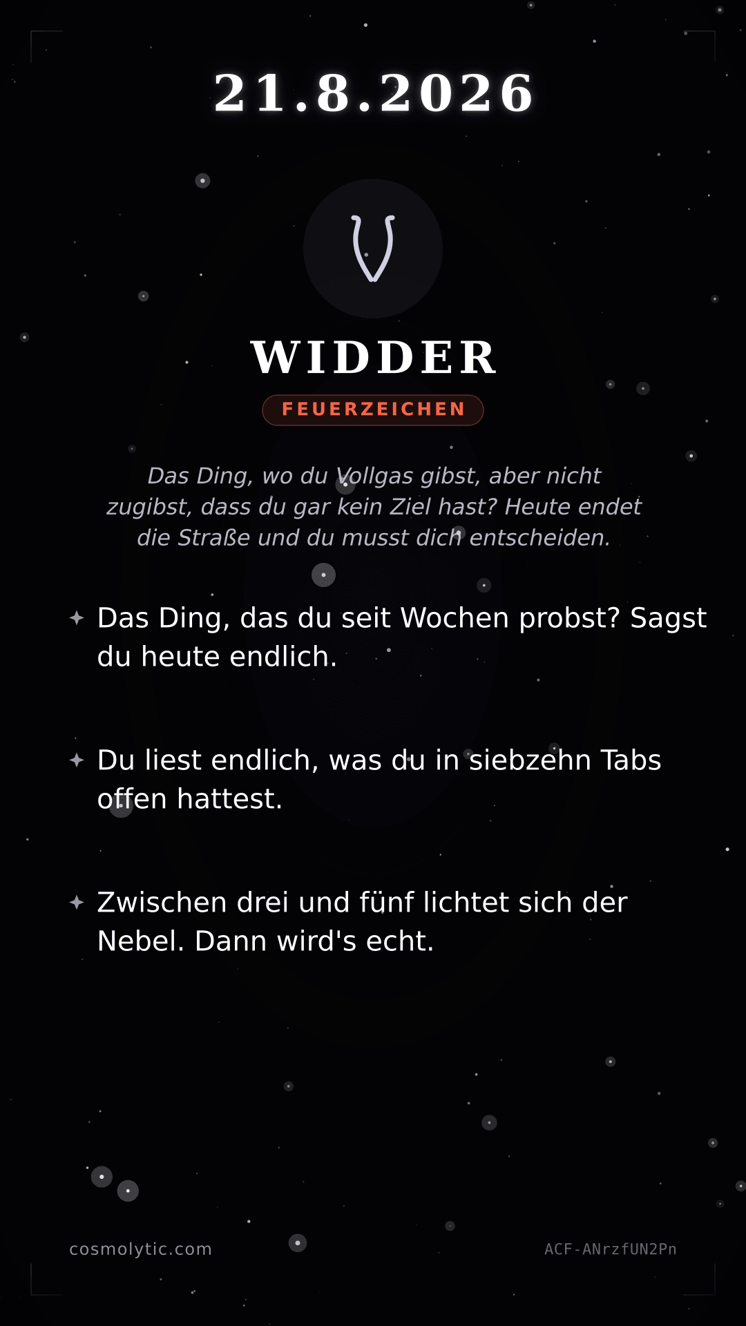 Widder Tageshoroskop-Karte für 21. August 2026