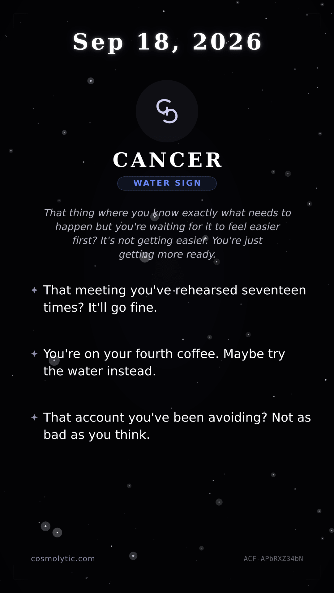 Cancer daily horoscope card for Today