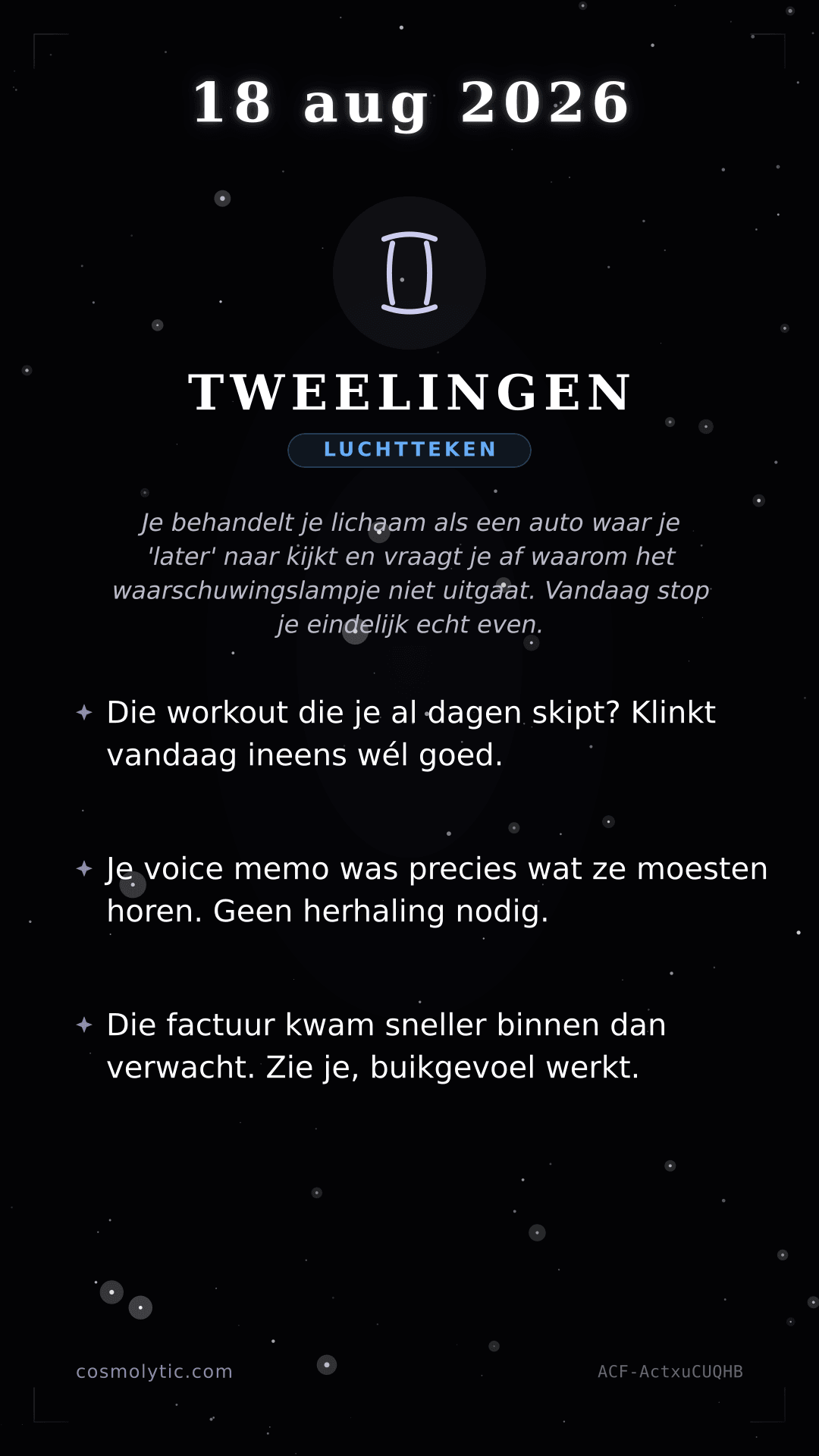 Tweelingen daghoroscoop kaart voor 18 augustus 2026