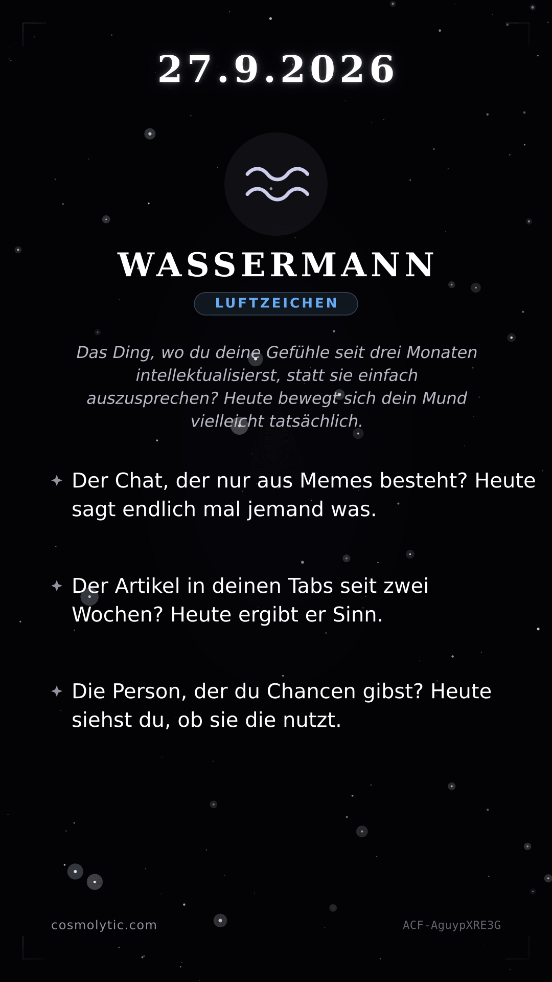 Wassermann Tageshoroskop-Karte für 27. September 2026