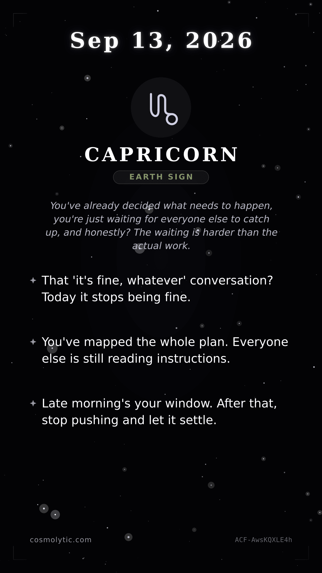 Capricorn daily horoscope card for September 13, 2026