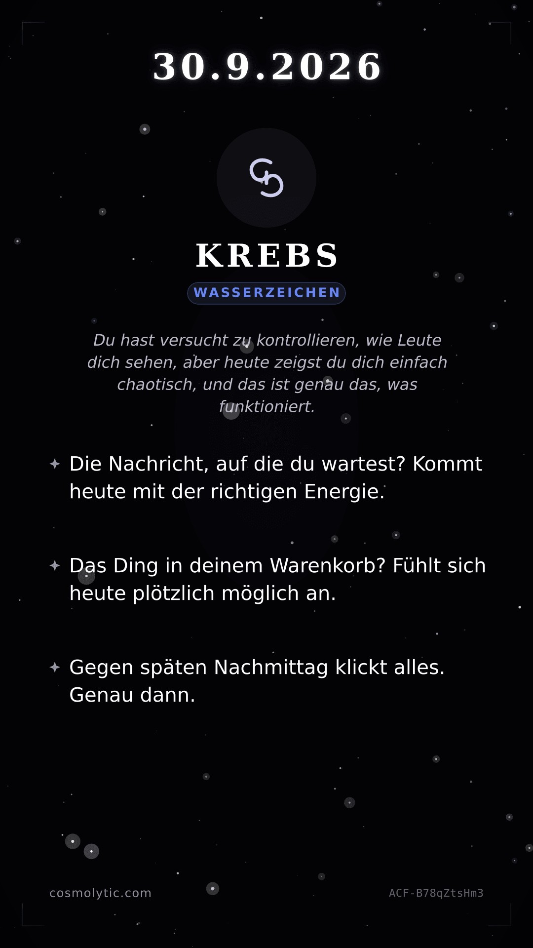 Krebs Tageshoroskop-Karte für 30. September 2026