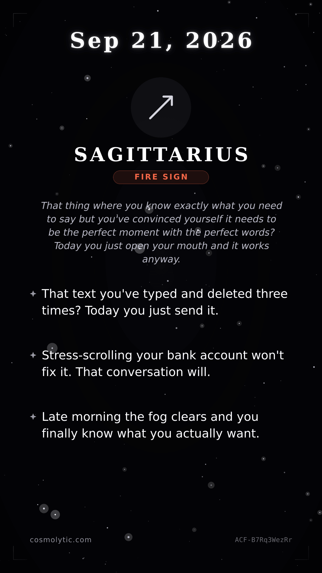 Sagittarius daily horoscope card for September 21, 2026