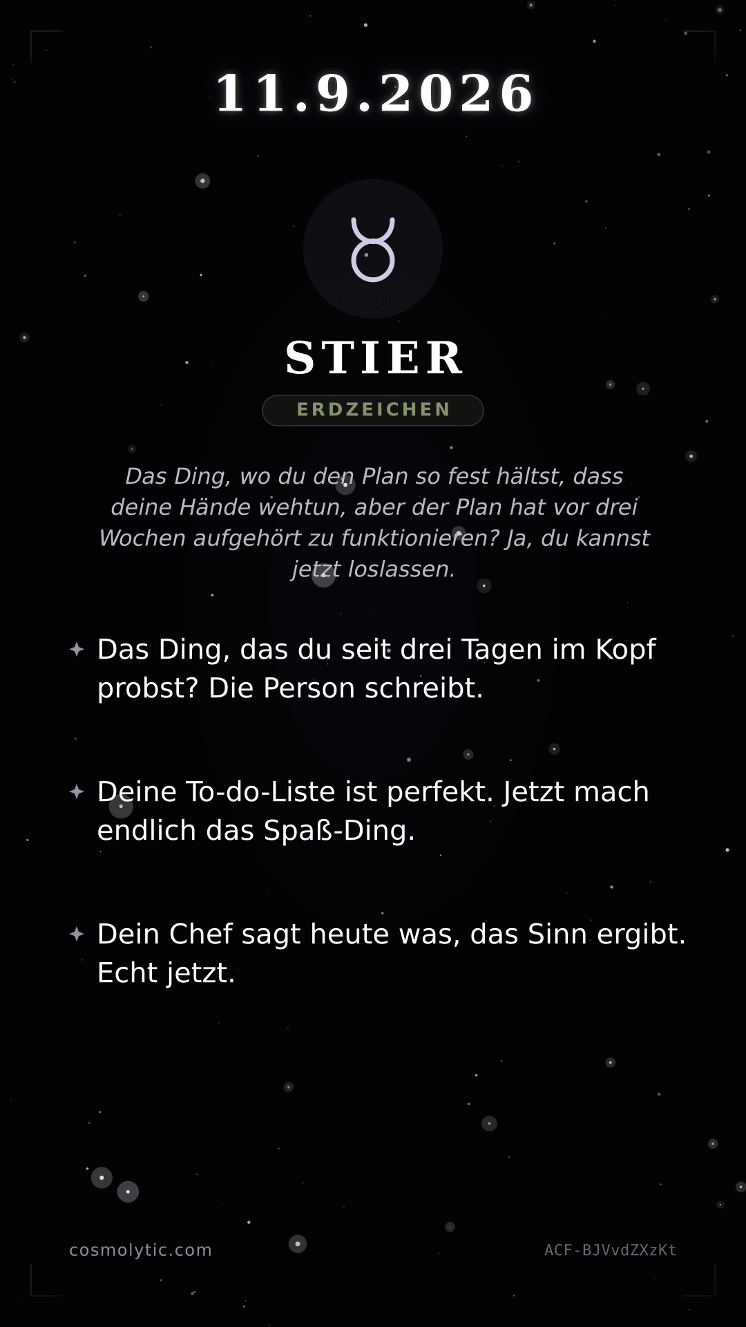 Stier Tageshoroskop-Karte für 11. September 2026